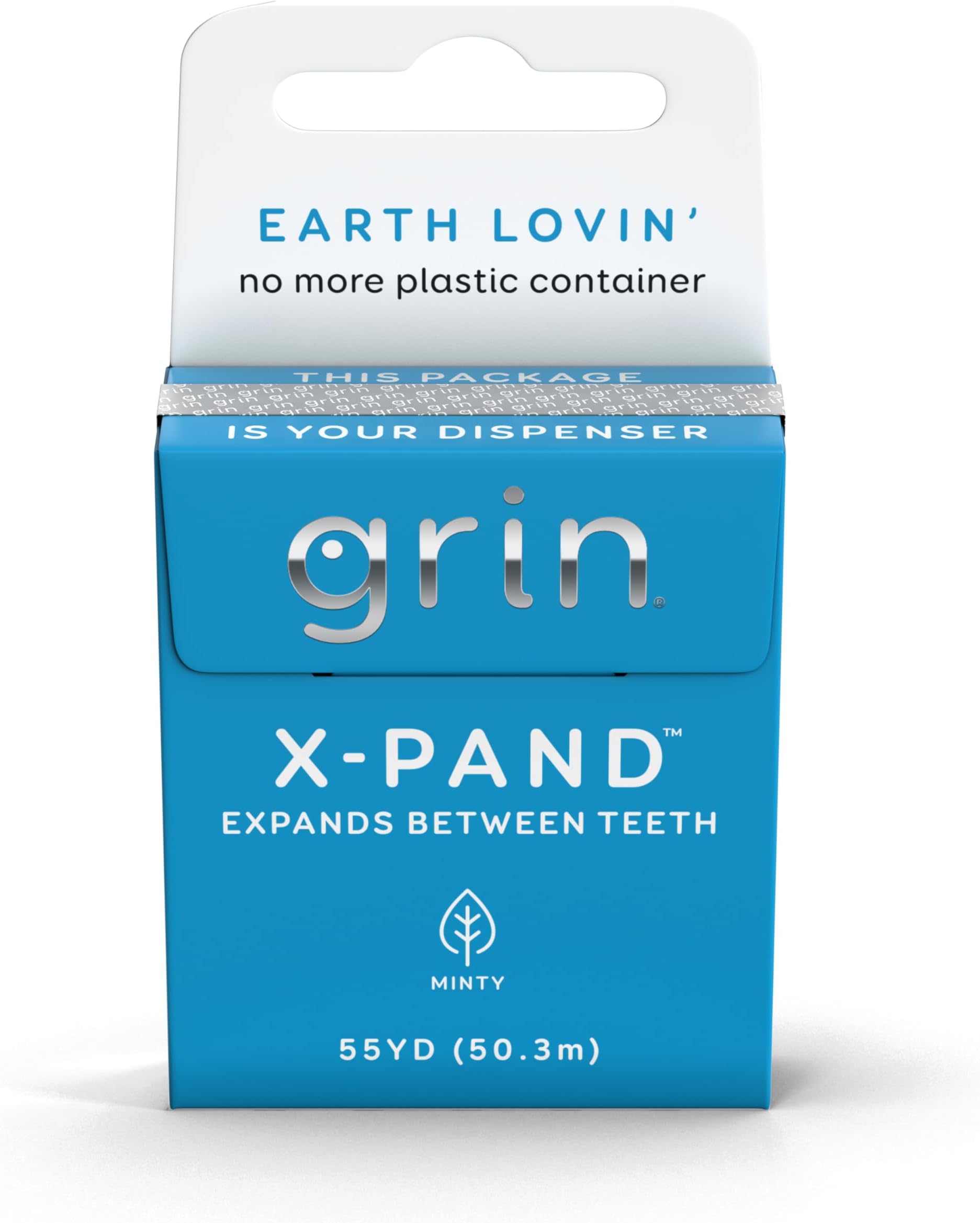 GRIN X-Pand Floss Box, Expands Between Teeth, 55 Yards (50.3m), Minty Flavor, Recyclable Packaging, 165 Feet of Strong Fine Dental Floss, No More Plastic Container, No Shredding or Breaking
