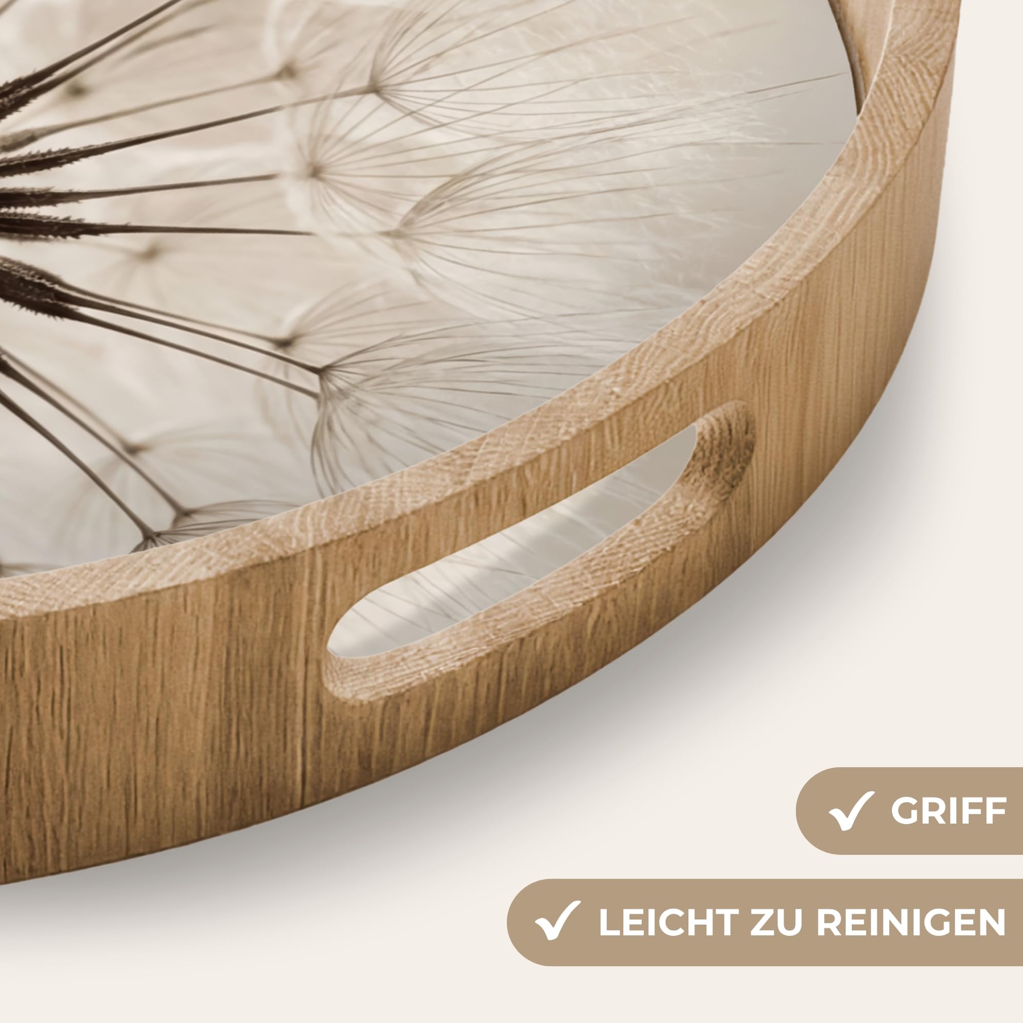 Tablett Rund 50x50 cm Serviertablett rutschfest Griff Küchentablett Servierplatte Eiche Holztablett Hitzebeständig Kaffeetablett Pusteblume - Minimalistisch - Weiß