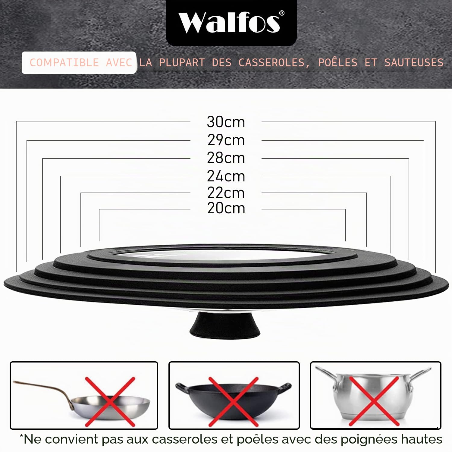Walfos Couvercle universel Ø 30, 28, 26, 24 et 20 Couvercle en verre pour casseroles, poêles avec bord en silicone gradué, Couvercle pour poêles et casseroles, Couvercle de casserole résistant à la