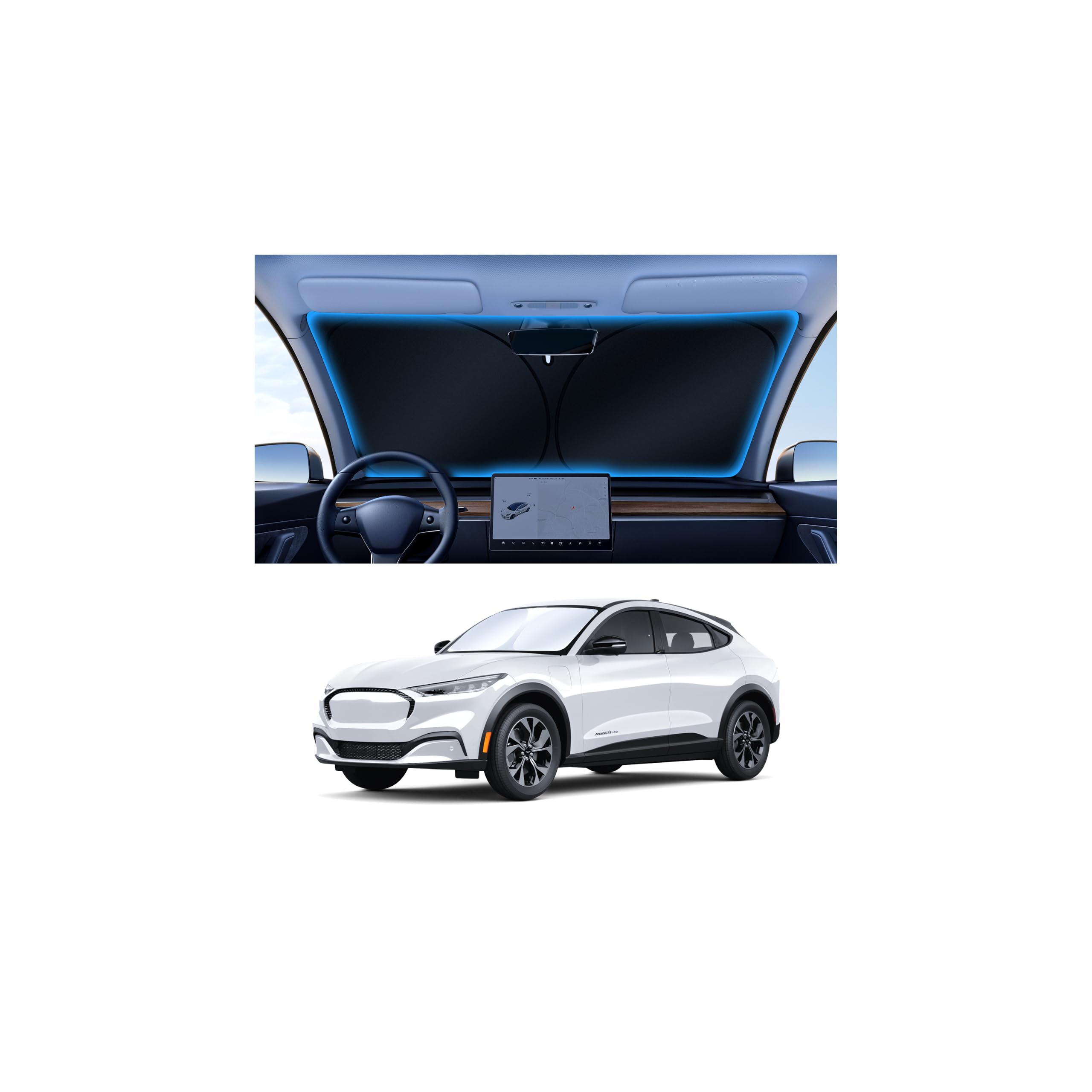 Canvcle Windshield Sun Shade for 2021-2025 2026 Ford Mustang Mach-E Accessories Upgraded Double-Layer Front Window Sunshade Cover Sun Visor Protector Foldable Block UV Rays Keep Vehicle Cool
