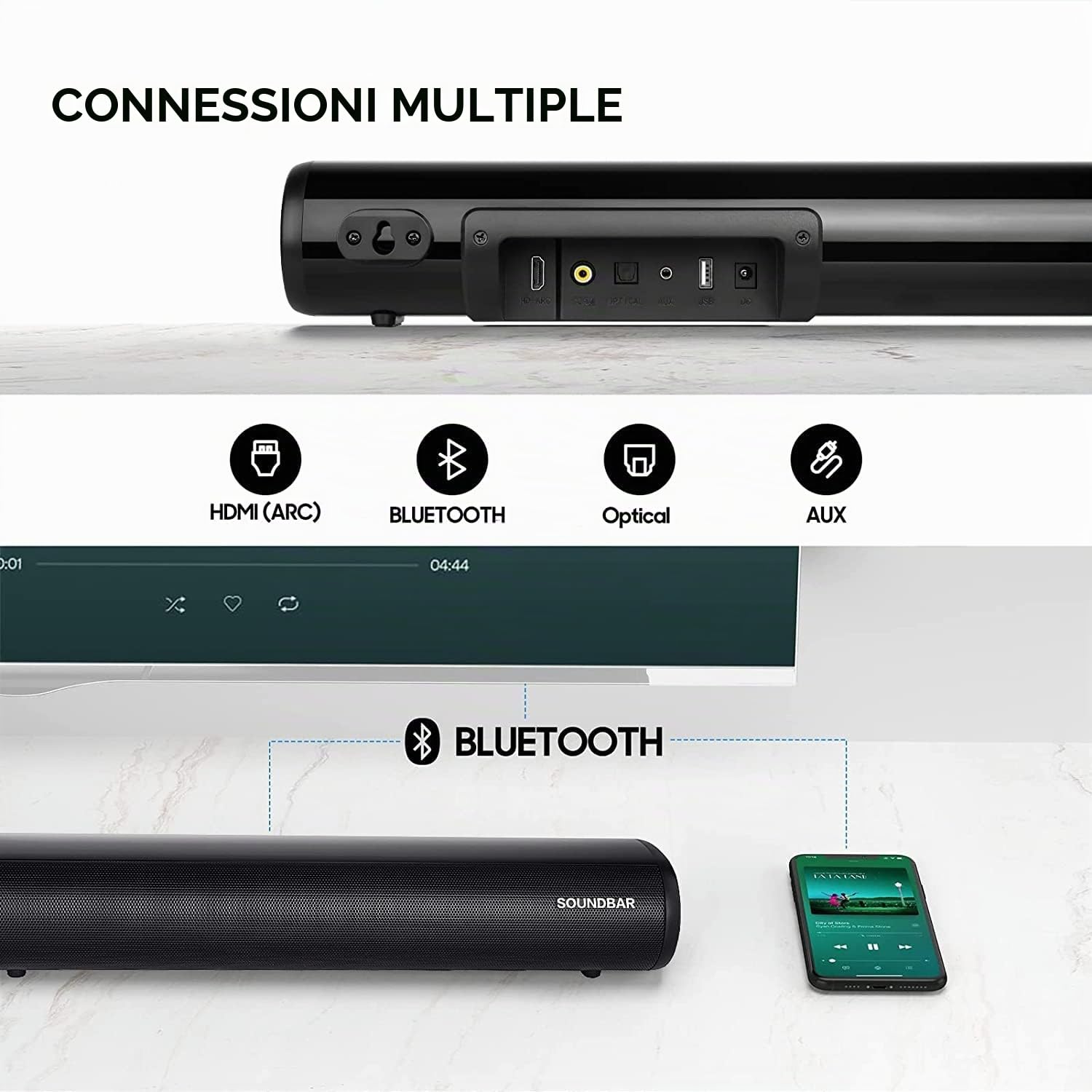 TKMARS Barra Soundbar TV Bluetooth, Mini Bluetooth Wireless Surround TV, Ottico/Ausiliario/USB, Controllo Remoto Barra Sound per PC, Telefono Cellulare, Televisione, Computer, IPad（50cm）