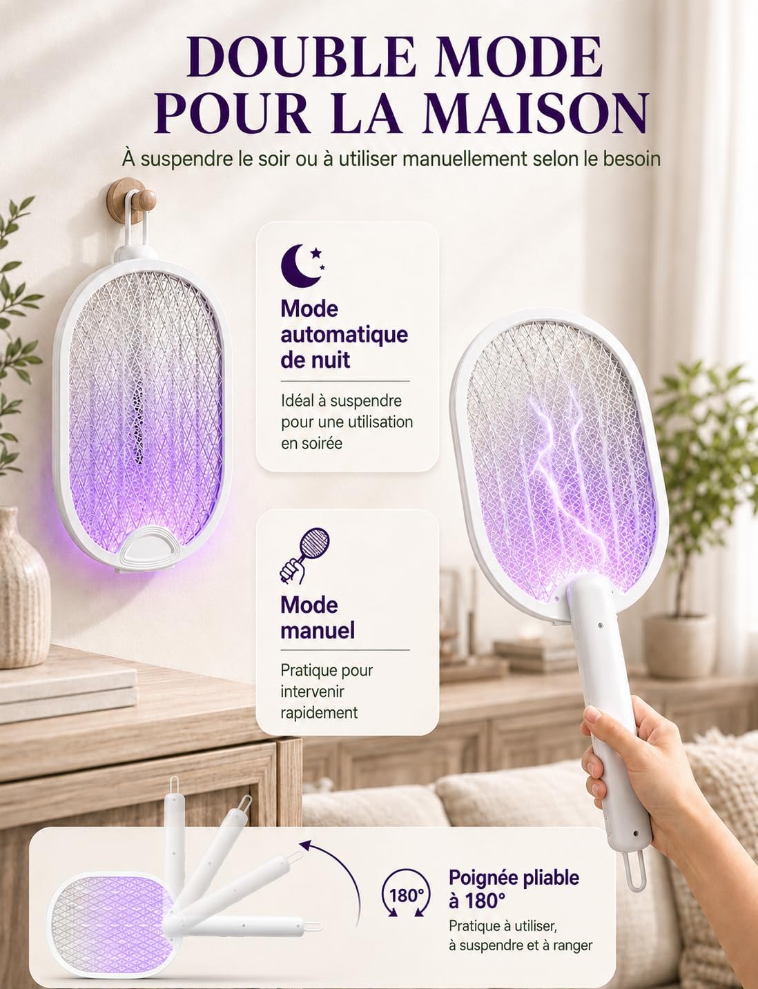 WOCVRYY Raquette Electrique Insectes 4000V 1800mAh USB-C Pliable Blanc - Mise en situation et utilisation