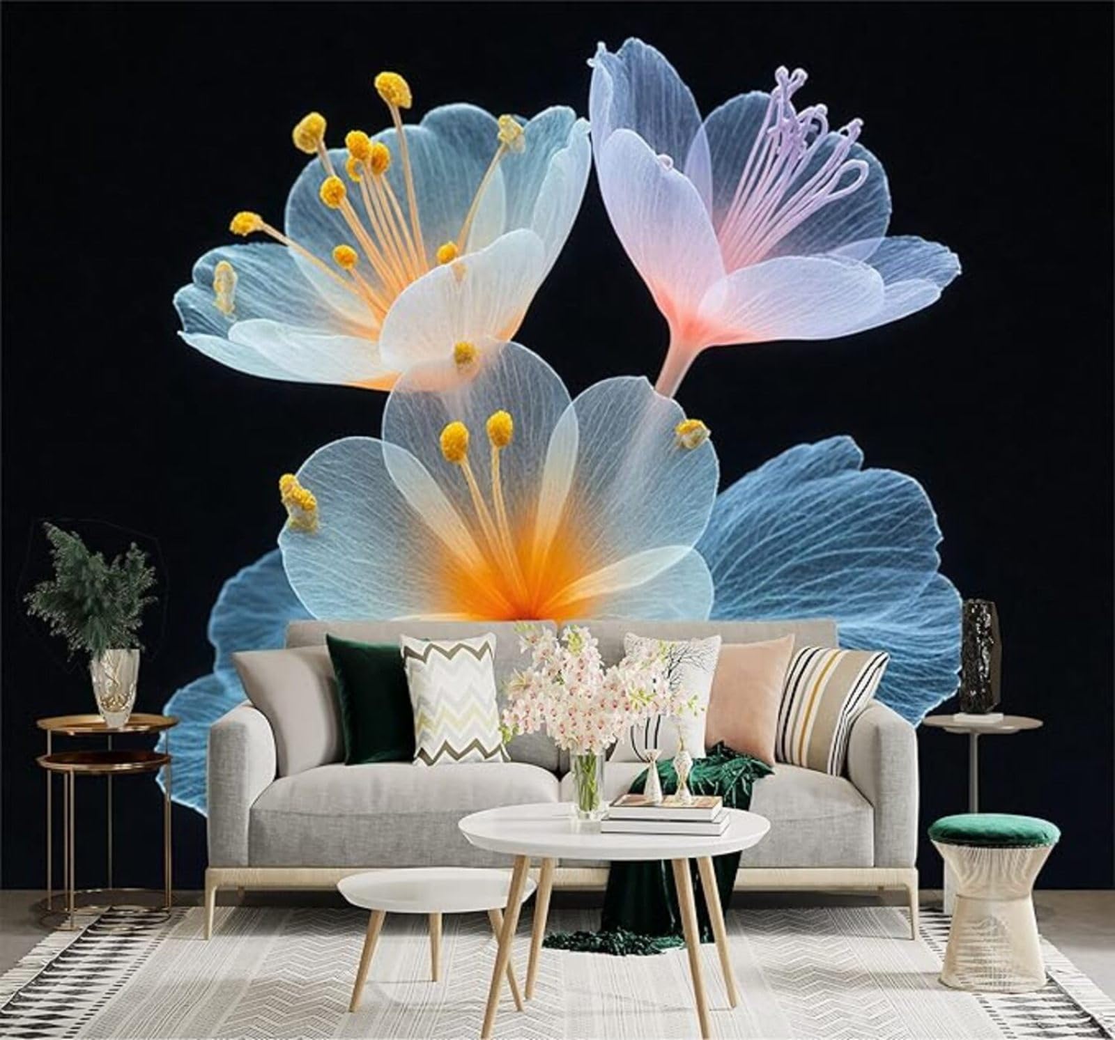 XLMING Beautiful Transparent Flowers Soft Unique 3D Wallpaper Silky Texture Home Study Office Grey Dining Room Sofa Bedroom Living Room TV Backdrop-200cm×140cm