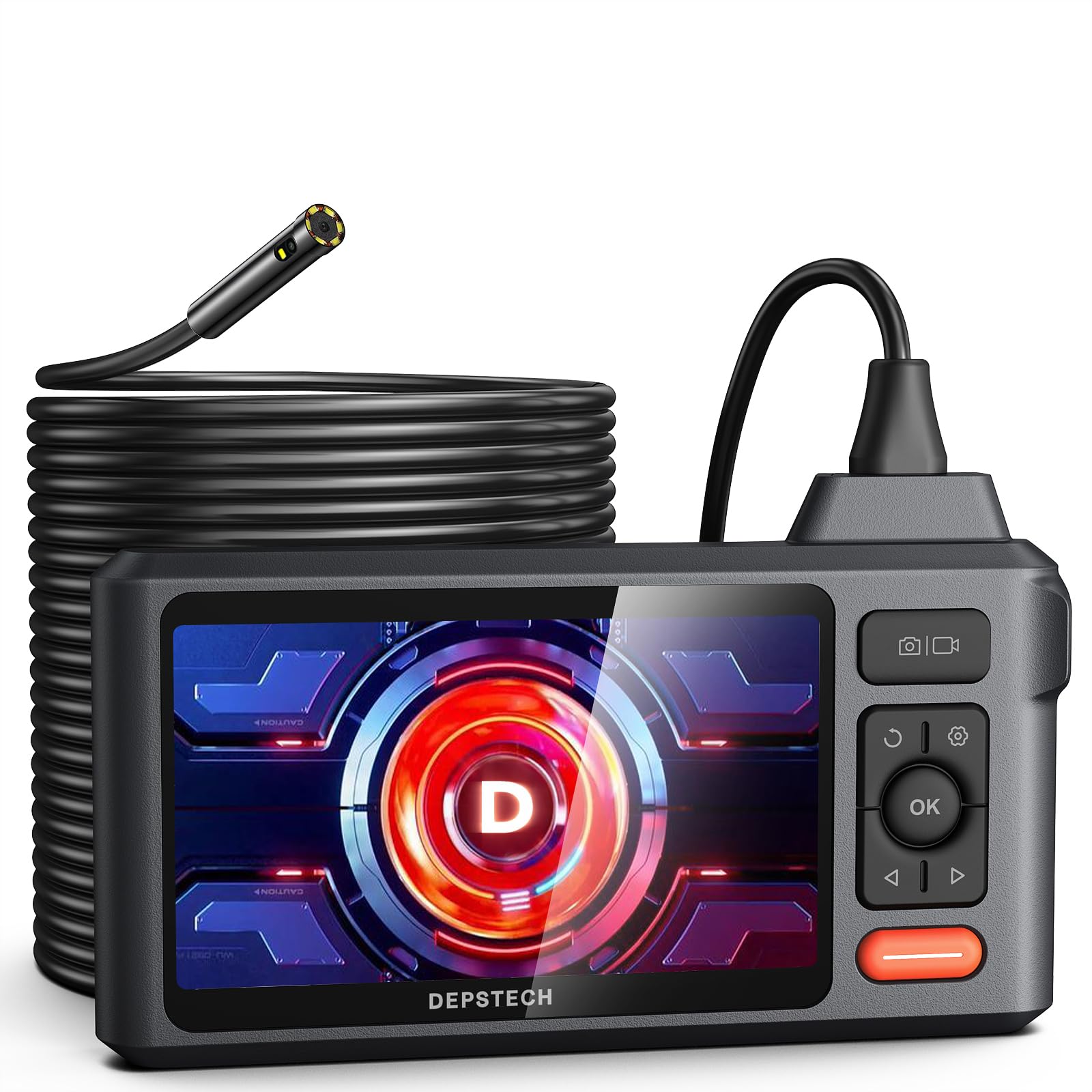 50FT Sewer Inspection Camera, DEPSTECH 1080P Dual Lens Endoscope with Lights, 5" IPS Screen Borescope Tool, Split Screen, IP67 Waterproof, 7.9mm Snake Scope Drain Camera for Wall Drain Pipe Automotive