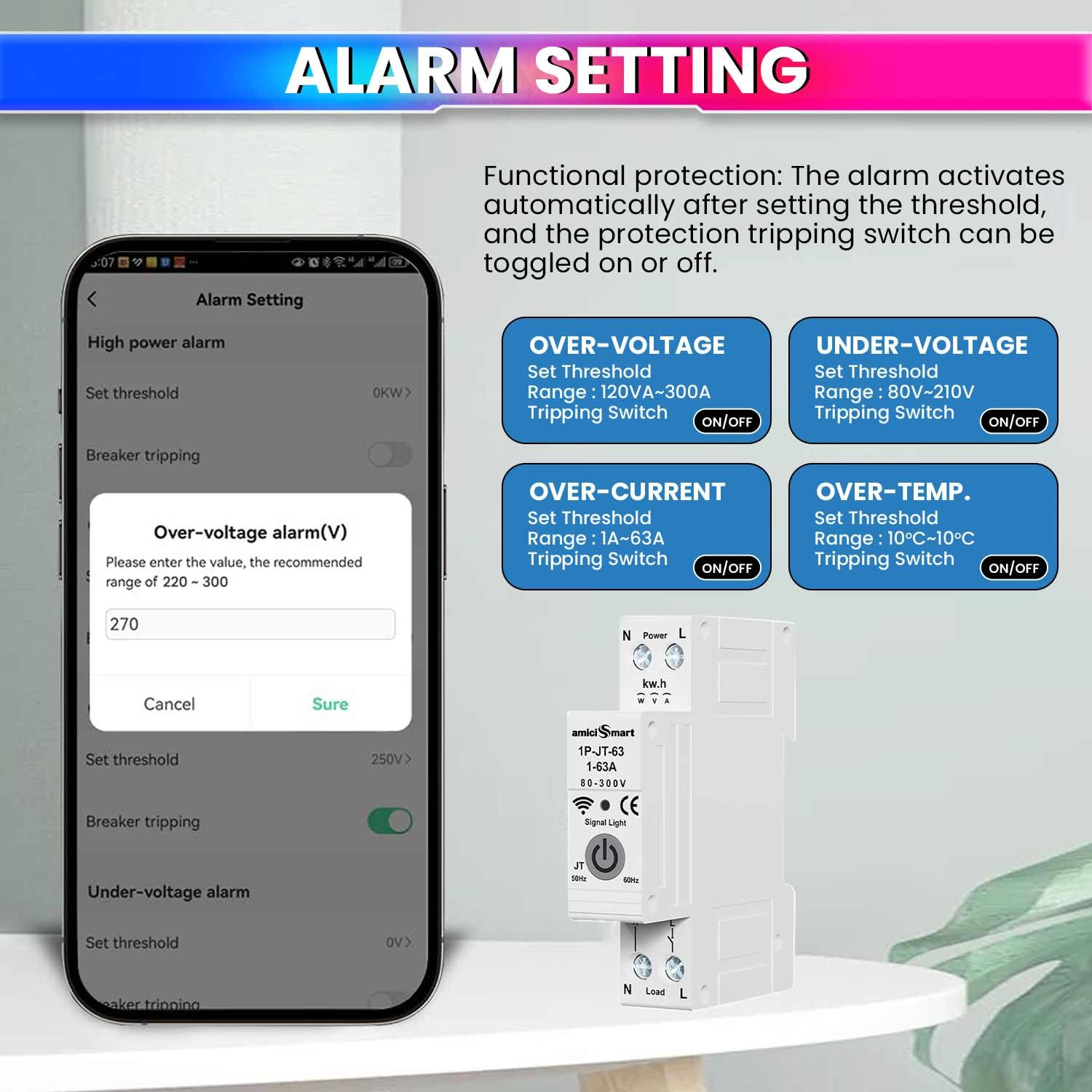 amiciSmart WiFi Energy Meter with Timer Switch | Over/Under Voltage and Over Current Protection Device with Over Temperature Protection, Single Phase, 220VAC - Image 4 thumbnail