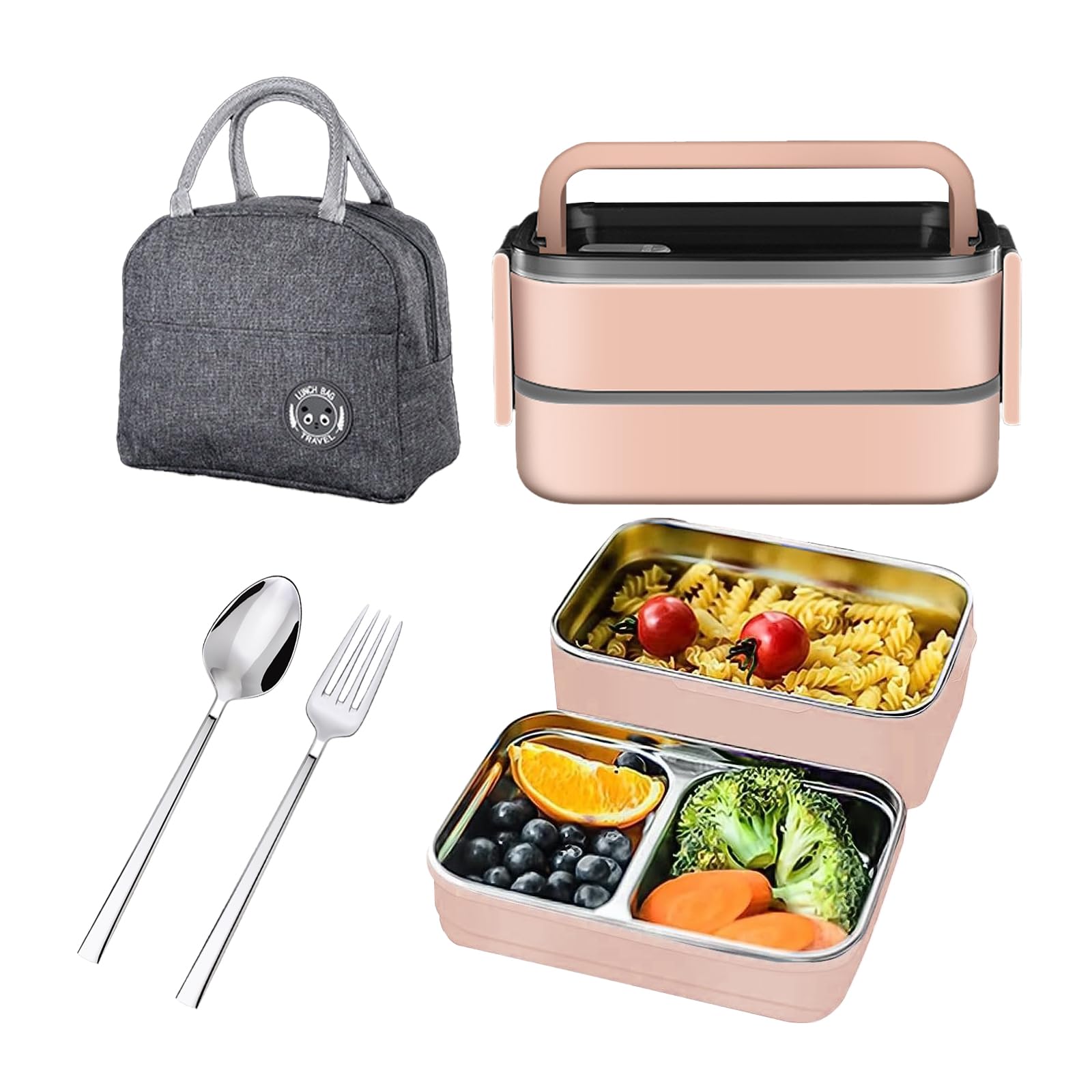 Adando Stainless Steel Lunch Box:1400ml Double Layer Microwave-Safe Bento Box- 304 Leakproof Bento Box- Thermal Insulation Detachable- for Adults Students Office School- with Thermal Bag & Cutlery