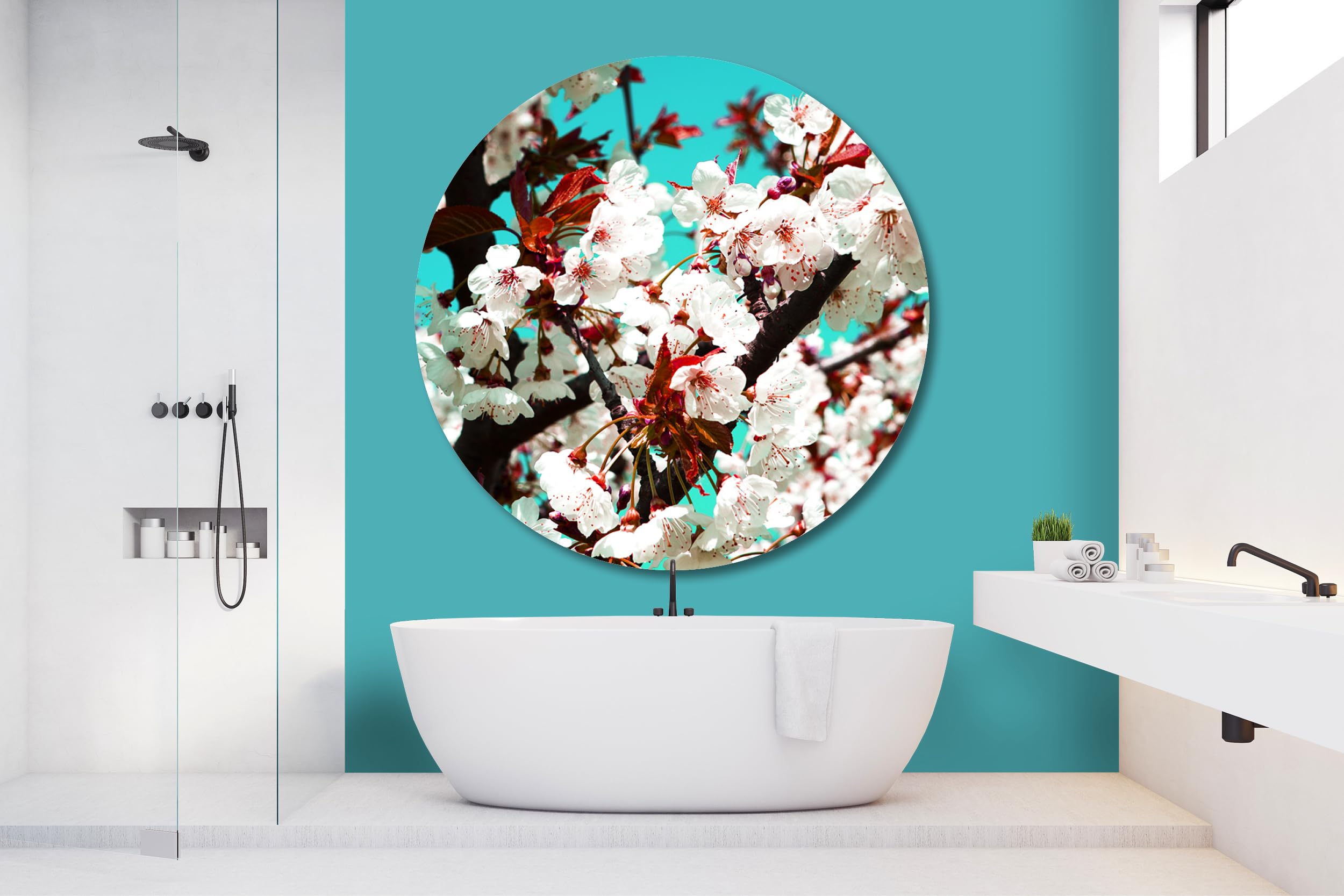 Glücksvilla - Fiori di ciliegio 2 (vetro acrilico 5 mm, Ø 80 cm) | varie misure - quadro murale rotondo - giardino fiori fioritura pianta natura botanica albero ramo mela