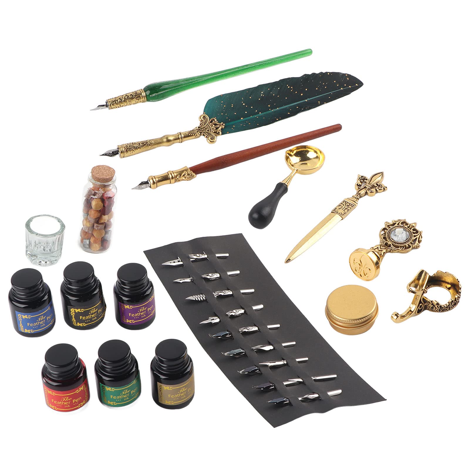Zunate Ensemble de Stylos Plume Rétro |Kit de Calligraphie à Plumes avec Cachet de Cire, Stylo à Tremper en Verre, 18 Plumes, Encre, Porte-stylo, Vert foncé, pour Cadeaux de Mariage et