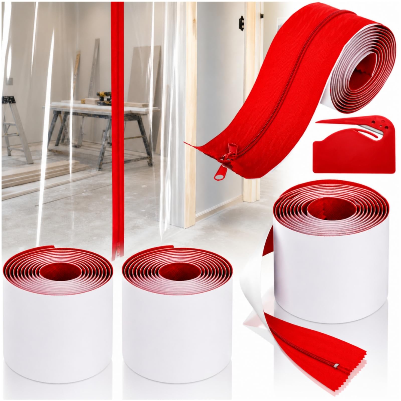 Acshio Paquete de 4 cremalleras protectoras contra el polvo, cremallera de doble cara resistente de 7 pies de largo con cortador de láminas de plástico, cierre hermético autoadhesivo instantáneo para