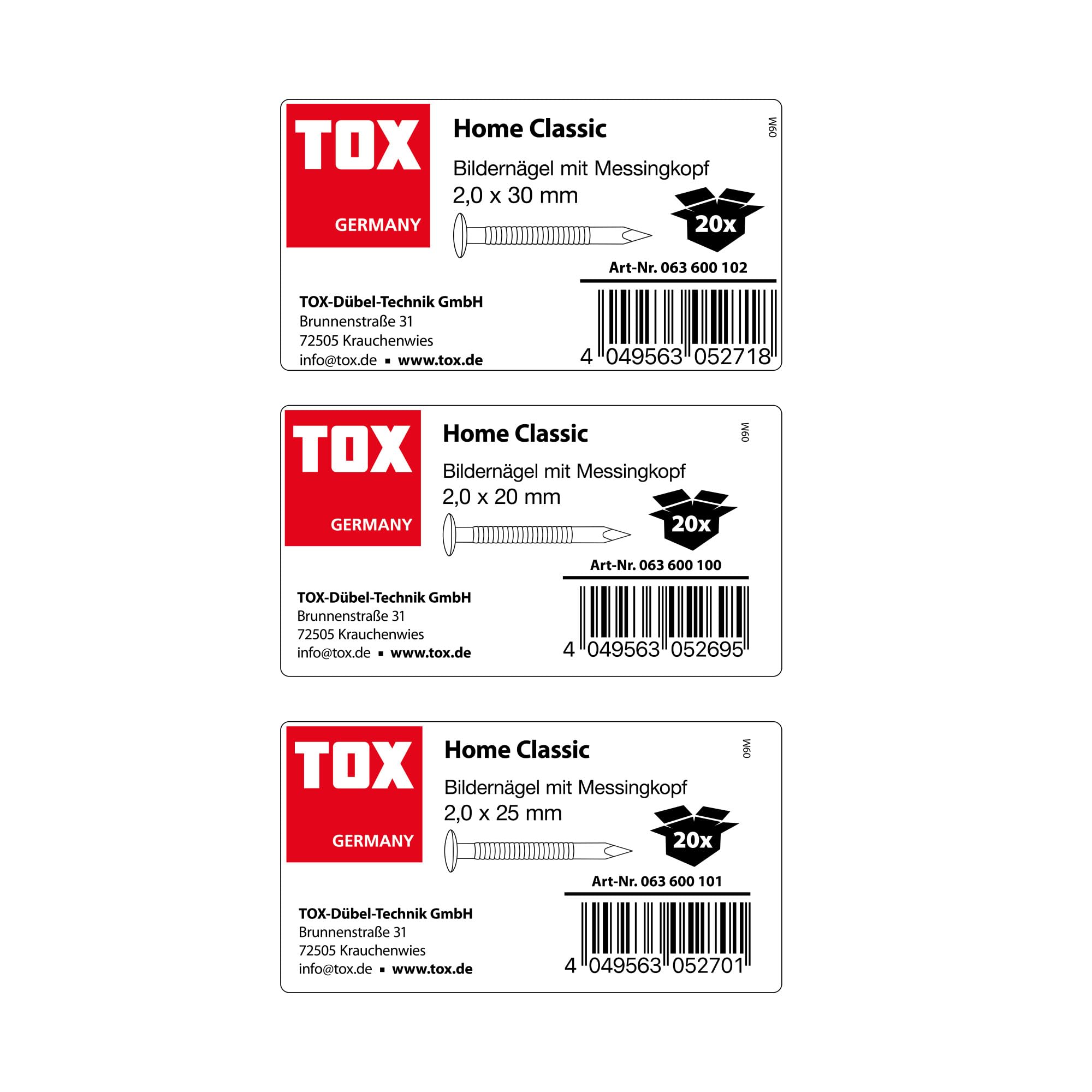 Chiodi TOX Home Classic in 3 misure + martello da fabbro 300 g, chiodi in acciaio temprato con testa in ottone, misura 2,0x20/25/30 mm (20 pezzi ciascuno), 063909001