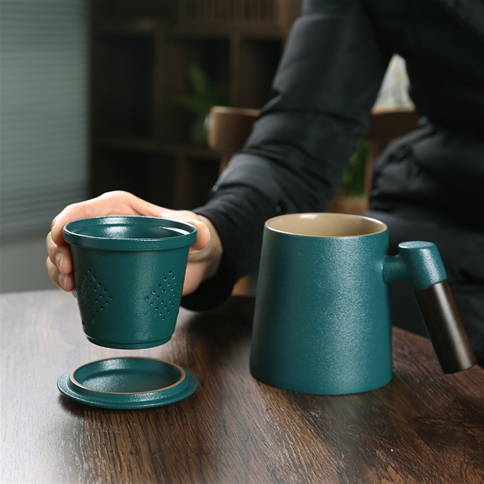 Tasse à thé en céramique avec Couvercle et Filtre, poignée en Bois, pour Le Bureau, Le café, Le Lait, Les Boissons, Le thé