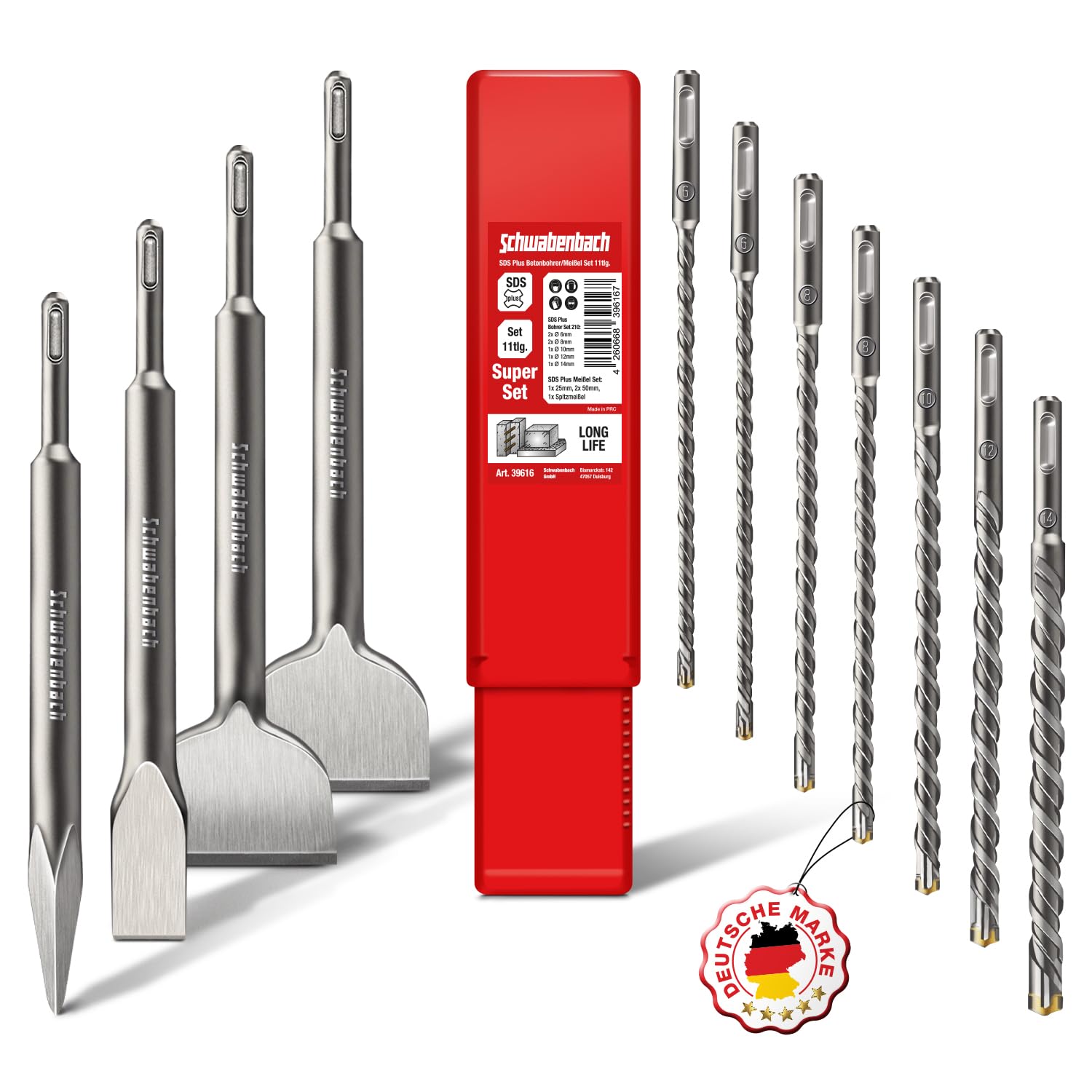 SCHWABENBACH® Set 11 Brocas y Cinceles SDS PLUS para Hormigón (6-14mm) – 7 Brocas y 4 Cinceles Profesionales – Kit para Martillo Perforador y Percutor Compatible con Bosch, Hilti, Makita, Metabo