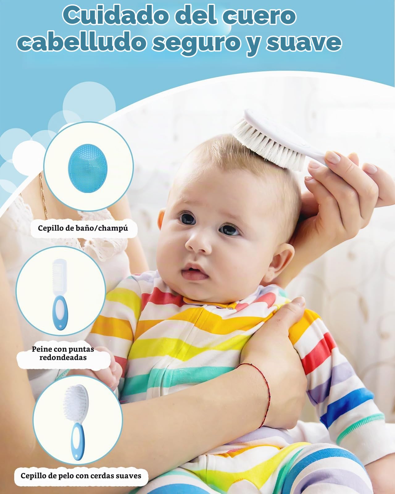 Lictin Set para Cuidado del Bebé-15 Piezas Kit de Aseo para Bebé con Cuchara de Oreja con LED Cepillo de Pelo y Peine,Cortador de Uñas Cepillo de Dientes de Dedo para Viaje y el Uso Diario (Azul lago)