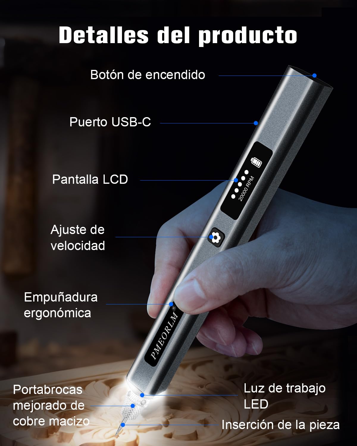 bolígrafo de grabado– Lápiz de grabado eléctrico con pantalla LCD, luz LED, 5 velocidades, 30+ accesorios y carga rápida USB-C herramienta inalámbrica portátil (Gris)