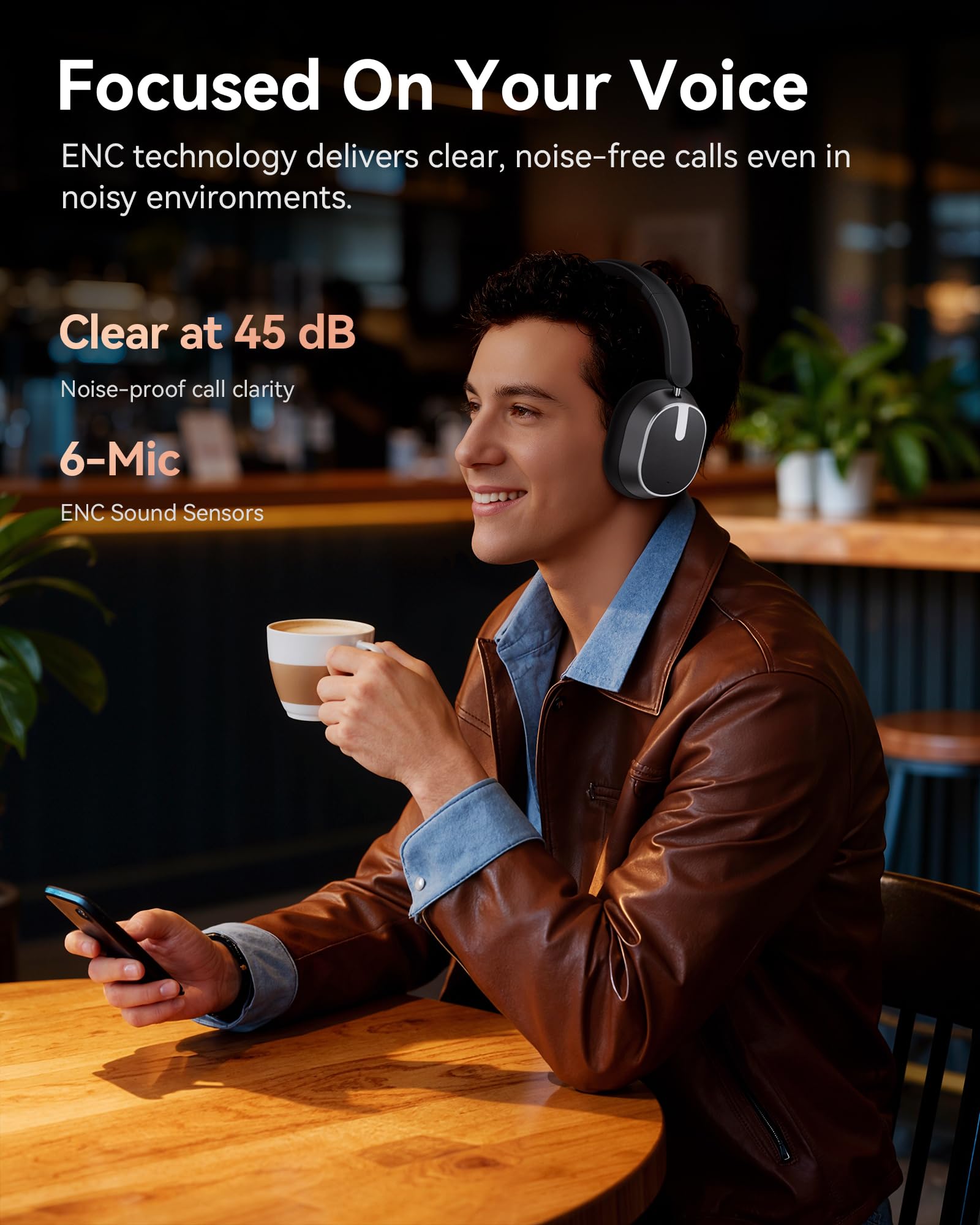 bmani Hybrid Active Noise Cancelling Headphones,120H Playtime Wireless Headphones Bluetooth 6.0 with Power Display, 6-Mic ENC Calls, 360° Spatial Audio Over Ear Headphones Headset for Travel Game — view 3