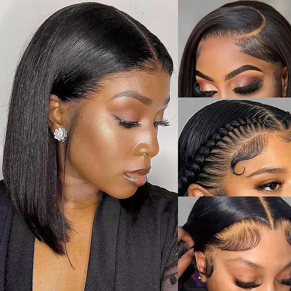 Human Hair Wig 4x4 Lace Front Bob Wigs Straight Brazilian Lace Wigs 180% Density Short Bob Wig for Black Women Natural Colour (8 inch)
