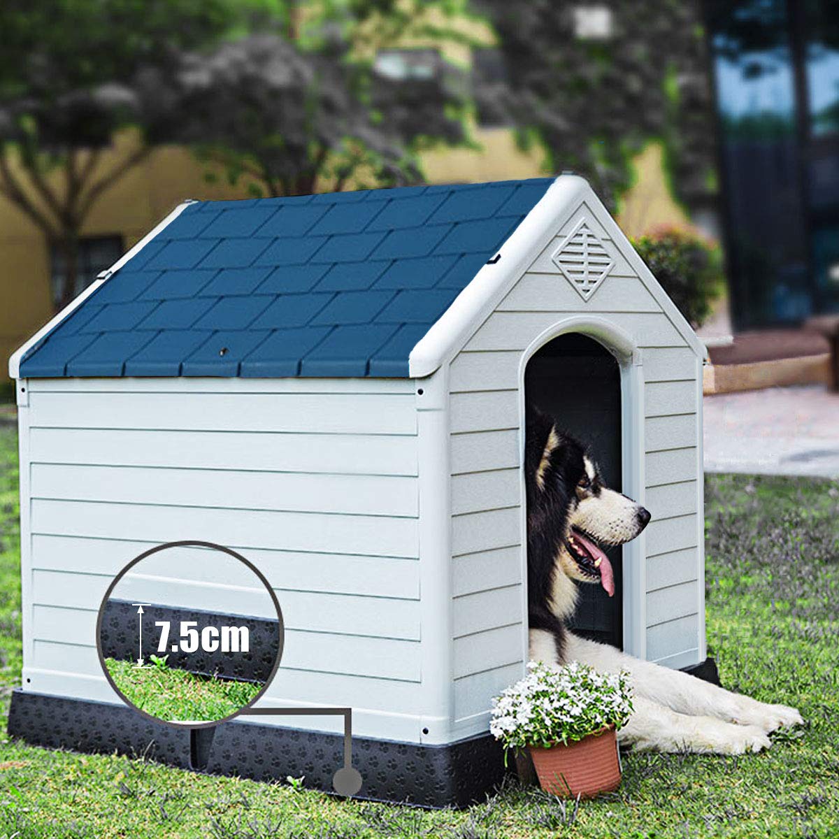 COSTWAY Niche pour Chien en Polypropylène Imperméable et Ventilé avec Bouche d’Aération et Plancher Surélever, Niche pour Chien Intérieure ou Extérieure (88X78,5X81,5 cm)