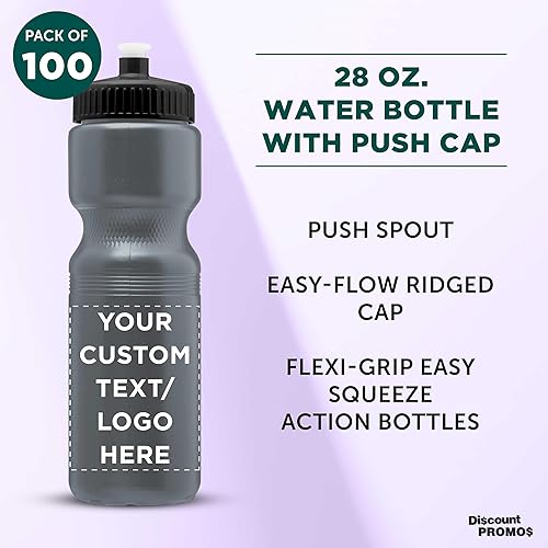 Miniatura 3 de DISCOUNT PROMOS Juego de 100 botellas de agua de plástico personalizadas de 28 onzas, paquete a granel personalizado, perfectas para gimnasio,