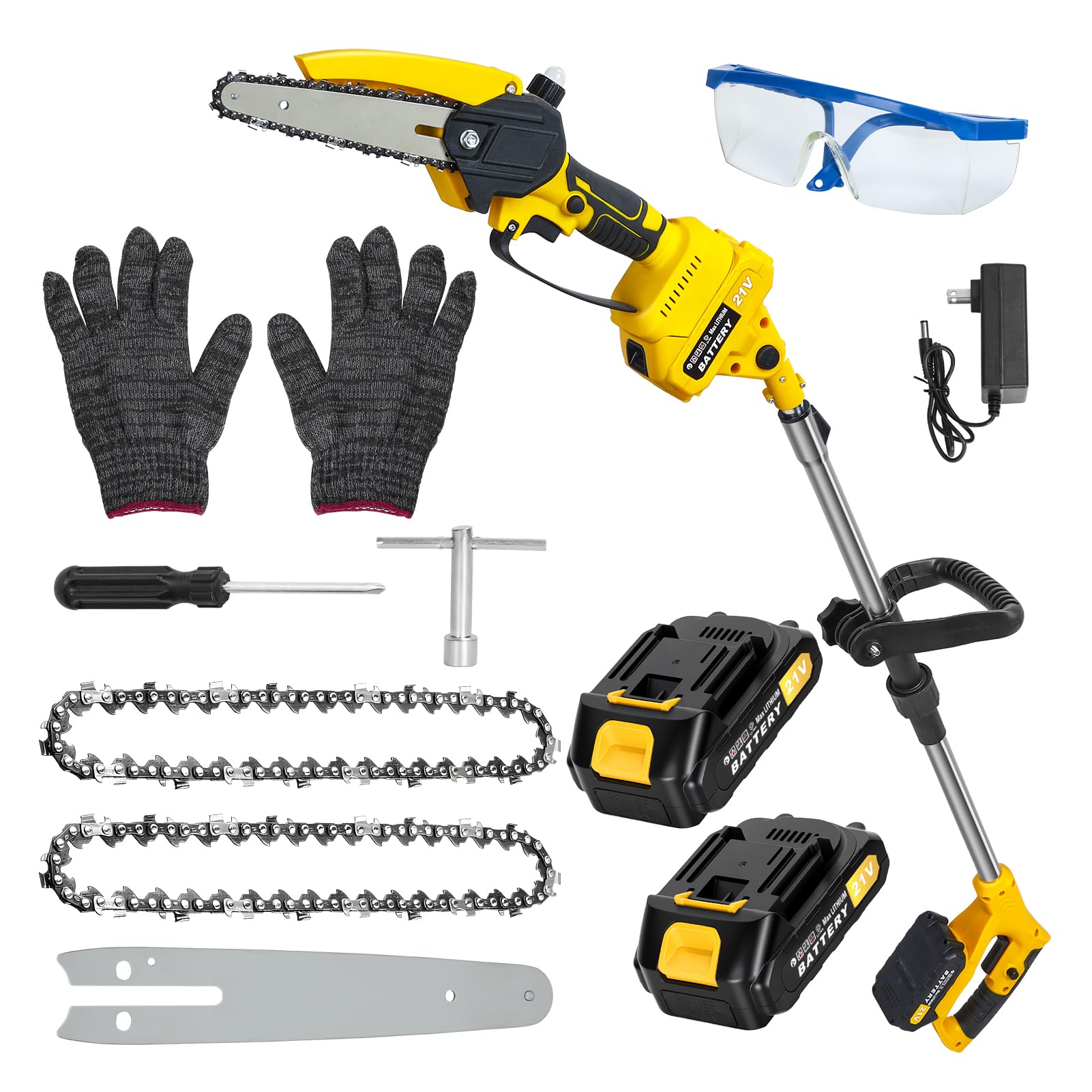 2-in-1 Electric Pole Saws for Tree Trimming, 6” &amp; 8” Mini Chainsaw Cordless, electric pole saw with 2 x 21V Batteries, tree cutter polesaw Branch Cutter Pruner for Tree Trimming Wood Cutting (yellow)