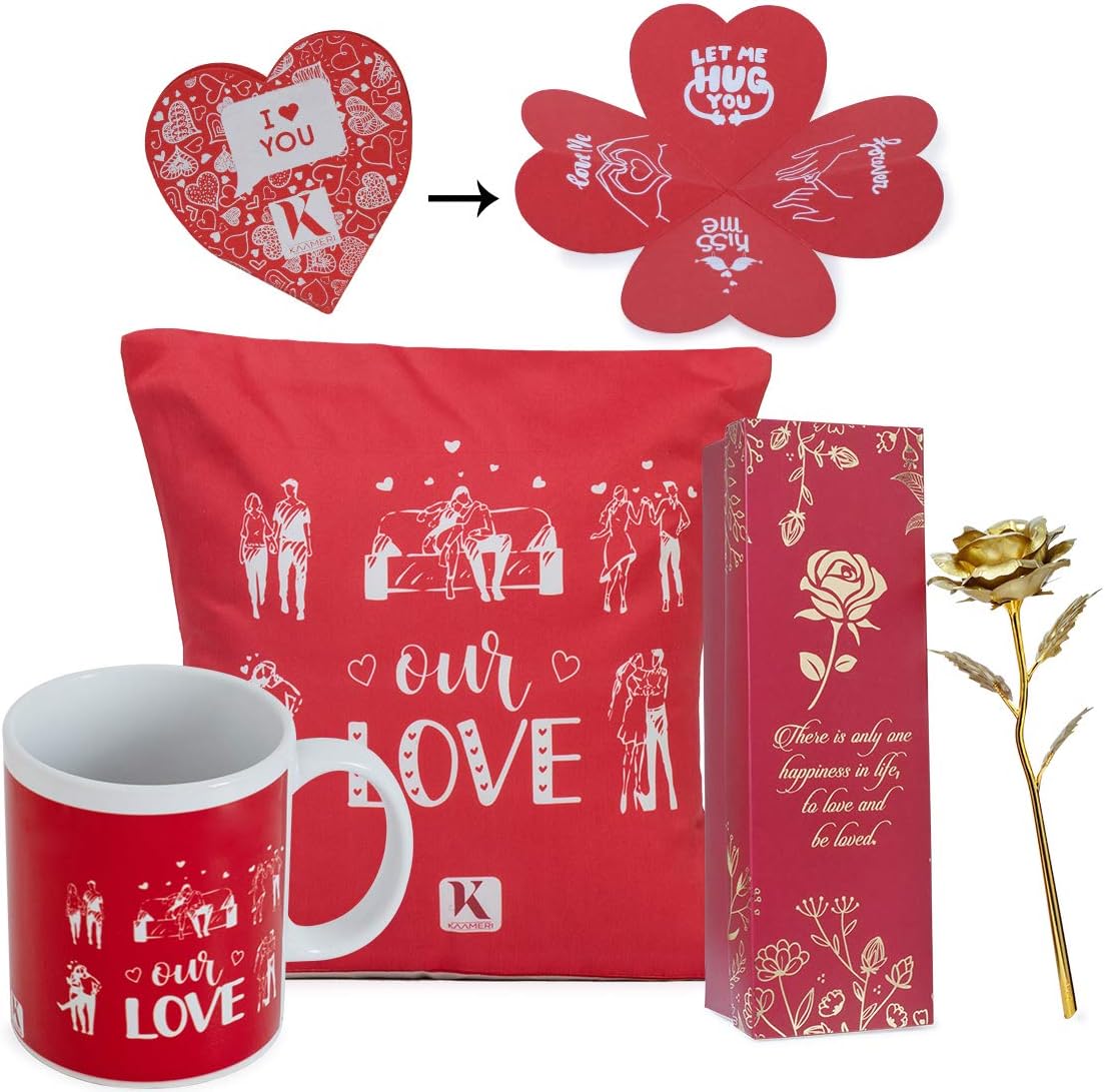 Valentines Day Love enamour with Our Love Quote Cushion Cover with Filler(Red 12 x 12) Mug 330 ml and 1 Artificial Rose - Gift for Girlfriend-Boyfriend-Wife-Husband-Men-Birthday