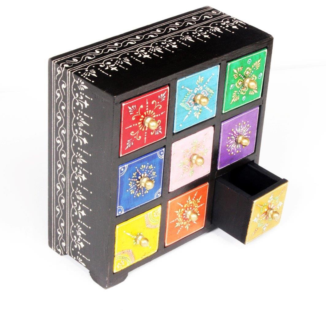 Home and Bazaar Wooden Traditional Handpainted Antique Finish 9 Drawer Chest (8.5 x 4.5 x 8.5 Inch, Multicolour)