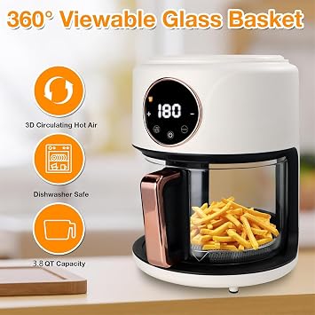 Glass Air Fryer 3.8QT Air Fryer with Viewing Glass Pot, Precise Temperature Control & Time, Nonstick & Dishwasher Safe Basket, Nonstick for Best Cooking Results