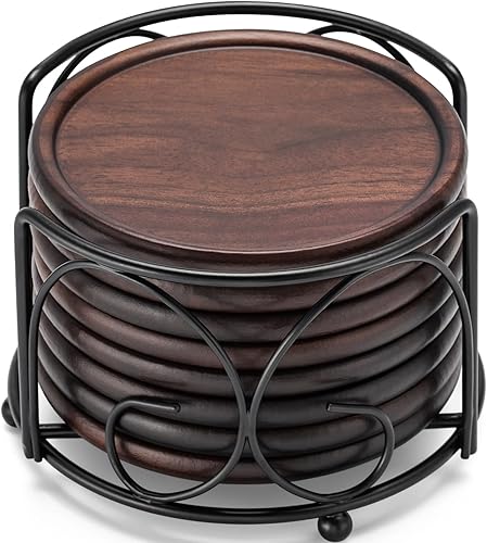 GOH DODD - Juego de 8 posavasos de madera de nogal con soporte, protección de mesa para bebidas, mesa de café, hogar, cocina, oficina, bar, sala de