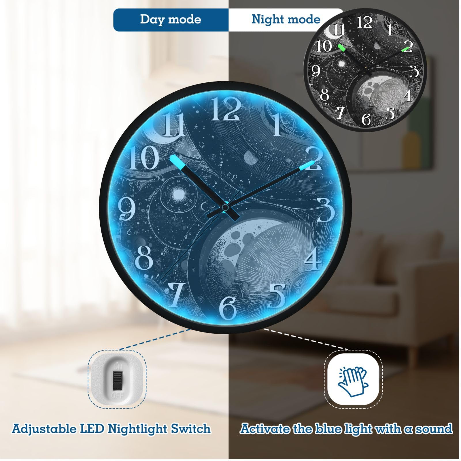 Mnsruu Reloj de pared con diseño de luna y tierra, astrología, luminoso, funciona con pilas, silencioso, brilla en la oscuridad, para sala de estar, cocina, 12 pulgadas