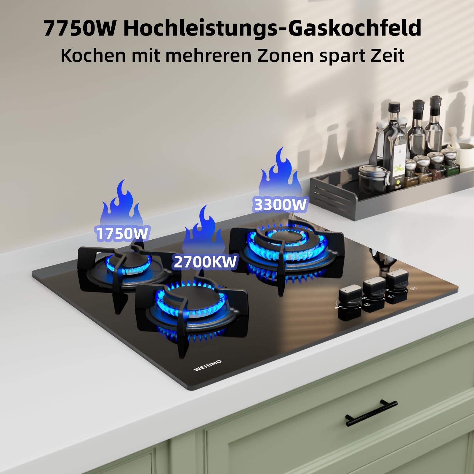 WEHIMO Gaskochfeld 3 Flammig 59cm, Glas Einbau-Gaskochfeld, 7750W, 3 Zonen Gaskochfeld für Propangas und Erdgas, 3 Kochzonen (3300W+2700W+1750W), Schwarzes Glas, Geeignet für Alle Töpfe