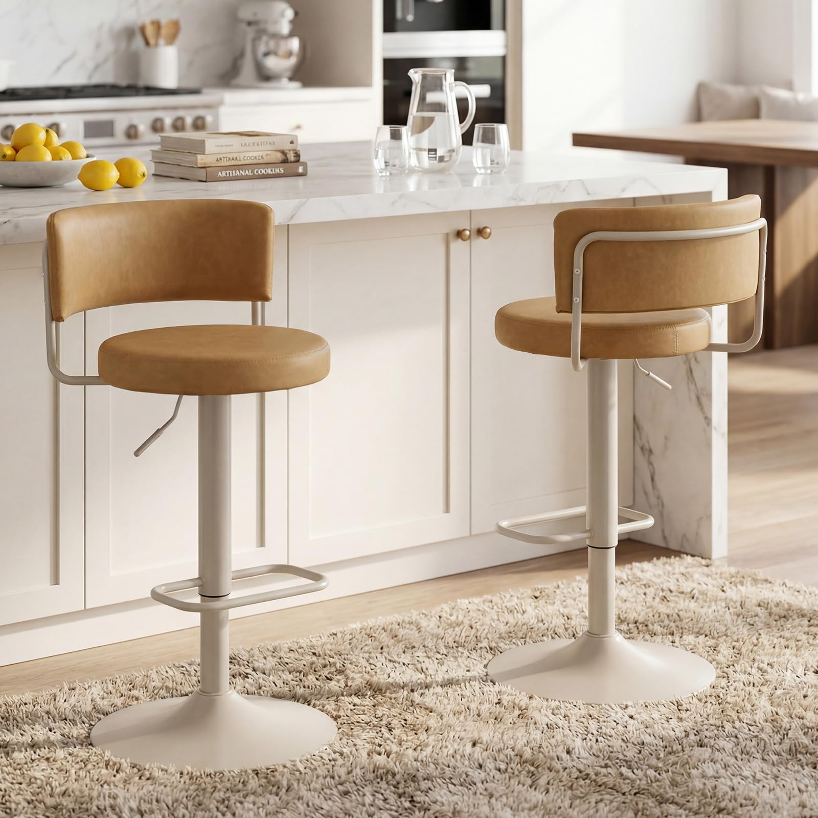 Ya-Home Juego de 2 Taburetes Altos de Cocina de PU Cuero Girotorio Altura Ajustable, Sillas Altas con Base de Meta y Respaldo, Taburetes de Bar para Isla Cocina/Bar/Bistro, Marrón