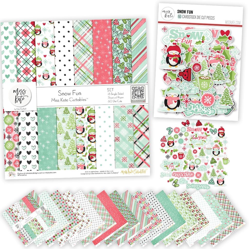 Die Cuts & Paper Set - Snow Fun - by Miss Kate Cuttables - 16 Sheets of 12"x12" Cardstock & Over 60 Coordinating Die Cuts - Exclusive Original Matching Set