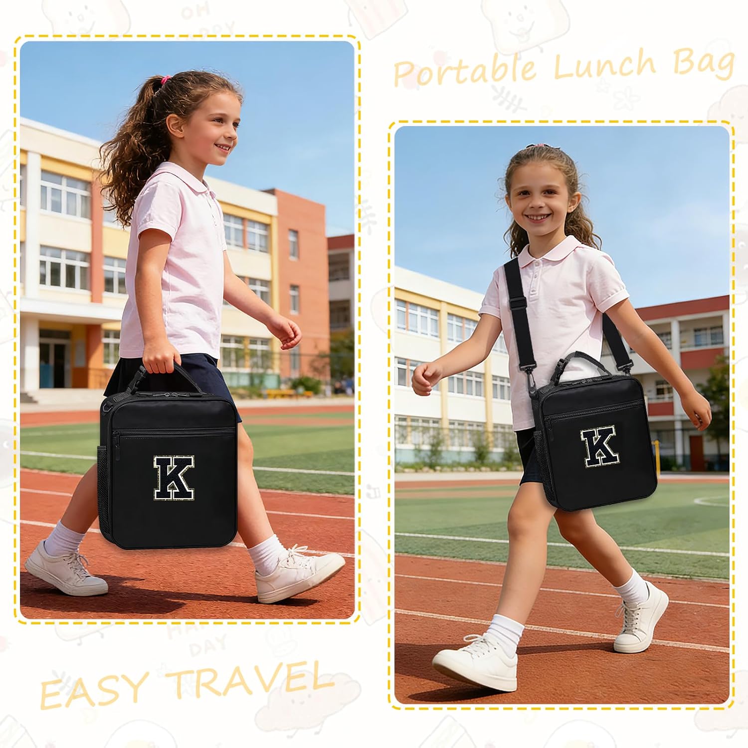 Lunch Box for Women Teen Girls,Lunch Bag for Men Boys Kids Adult Youth,Insulated Lunch Tote for School Work Picnic Cooler Food Carrier with Water Bottle Holder Handheld Shoulder Strap Black K thumbnail