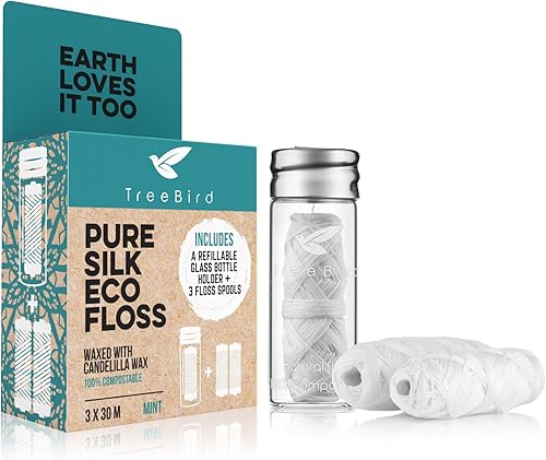 TreeBird - Hilo dental biodegradable | Dispensador de vidrio sin residuos recargable y reutilizable | Carretes de seda natural encerados sin