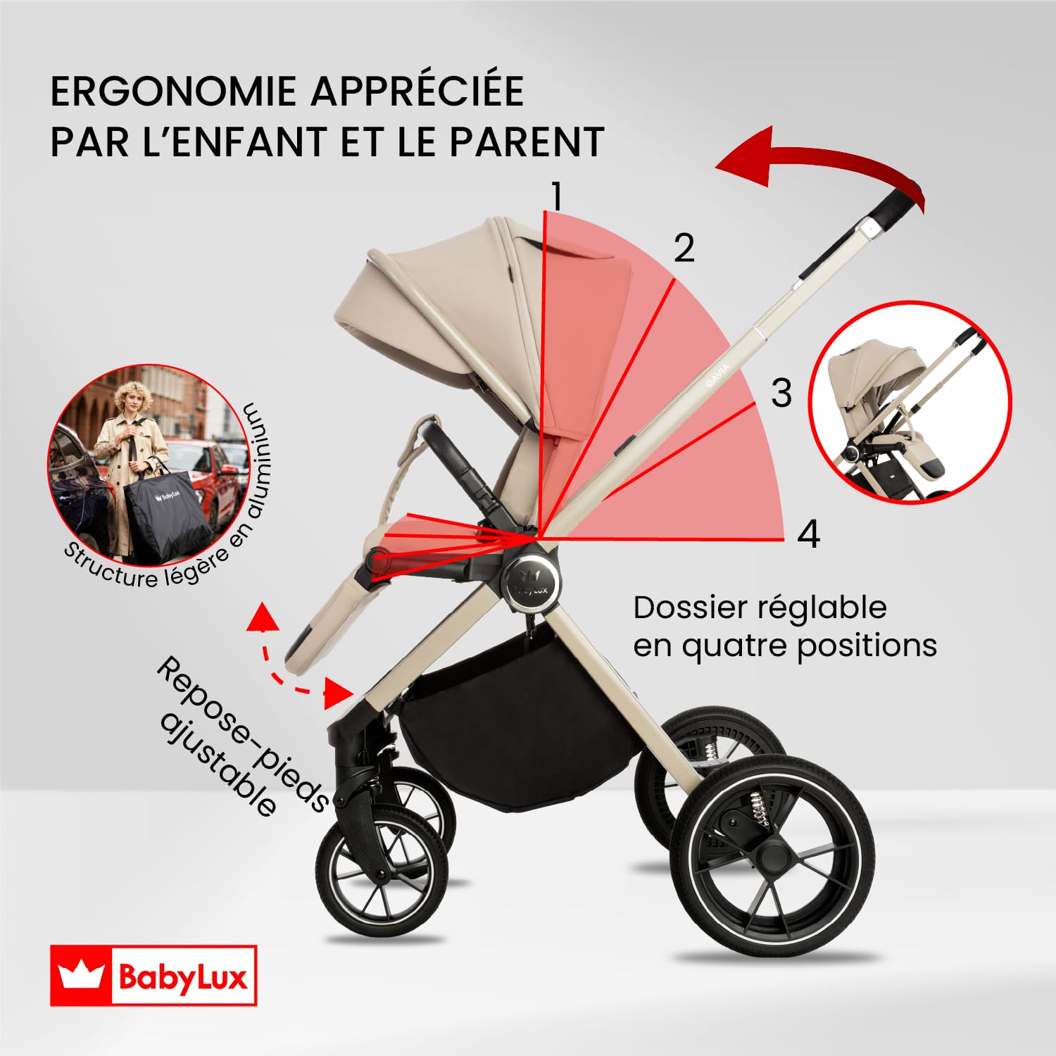 BabyLux® Poussette 3en1 GAVIA, Pliable Set De Poussettes Combinées Légères