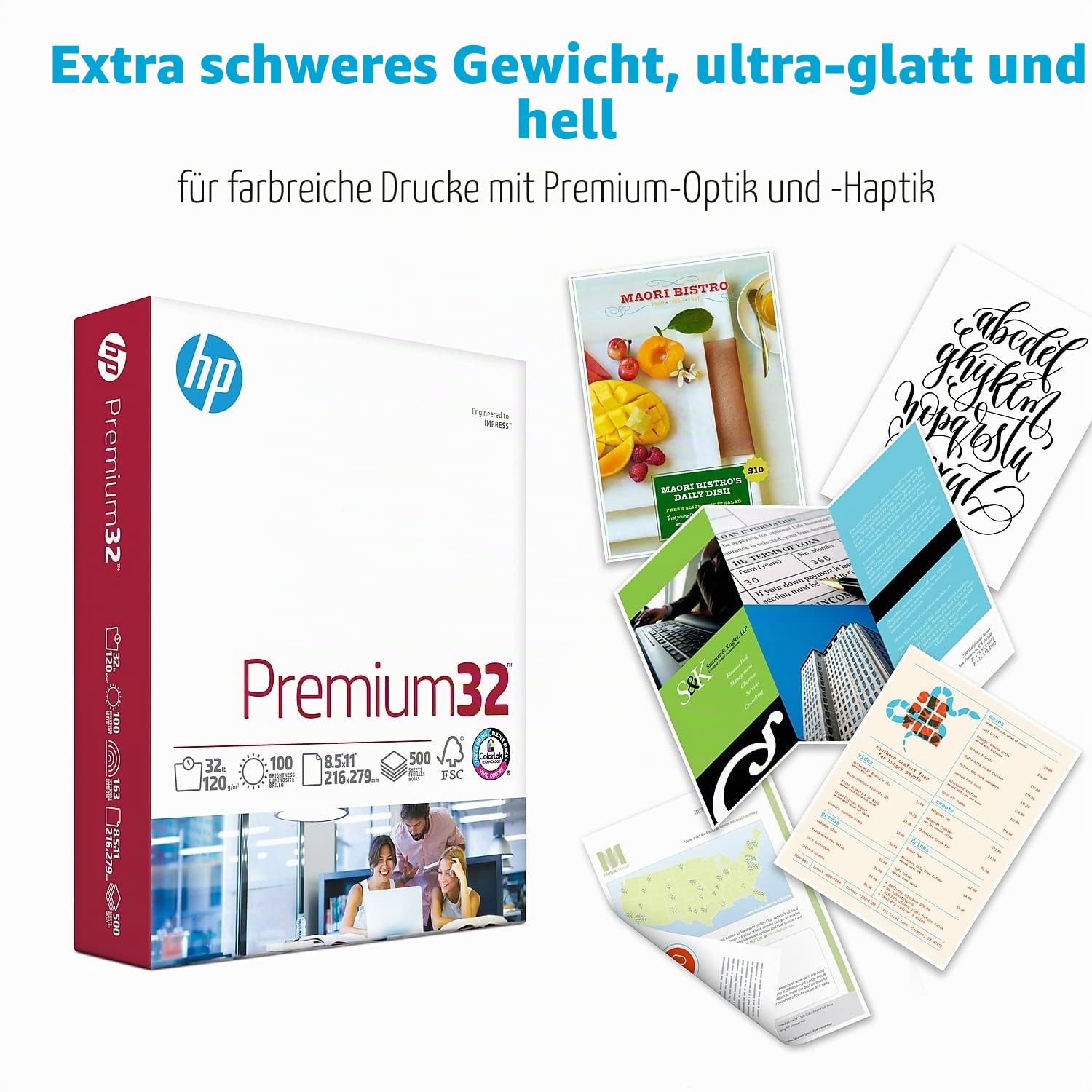 HP Druckerpapier Premium, hergestellt in den USA, Forest Stewardship Council (FSC) zertifizierte Ressourcen, säurefrei, entwickelt für HP-Kompatibilität.