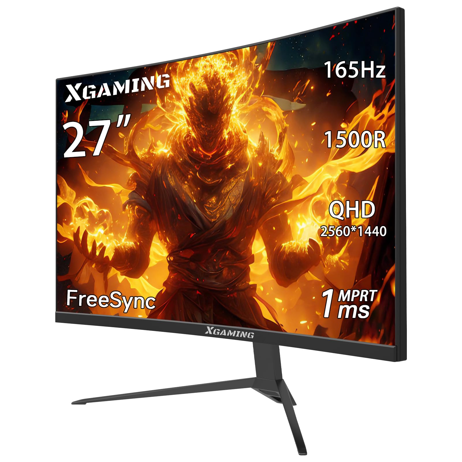 XGaming Gaming Monitor 27 Pollici Curvo (R1500) 165Hz, QHD 2560x1440,Curvo Monitor Gaming,sRGB 99%, HDR, PC Monitor, FreeSync, Flicker Free,HDMI 2.0,DisplayPort,Senza altoparlante incorporato