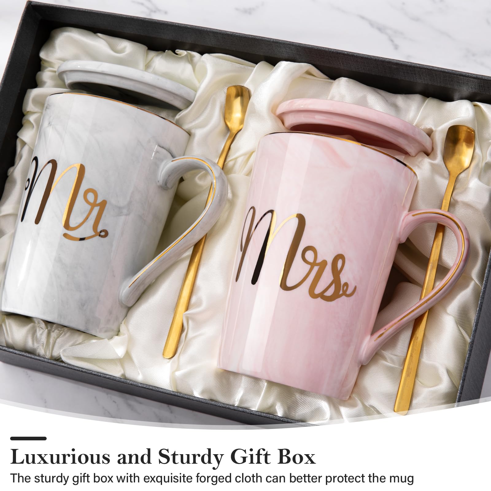 Biching Wedding Gifts for Couples 2026, Gifts for Bridal Shower Engagement Bride and Groom Anniversary, 14oz Ceramic Marble Mr and Mrs Mugs Set with Real Gold Foil, Greeting Card, Luxury Gift Box