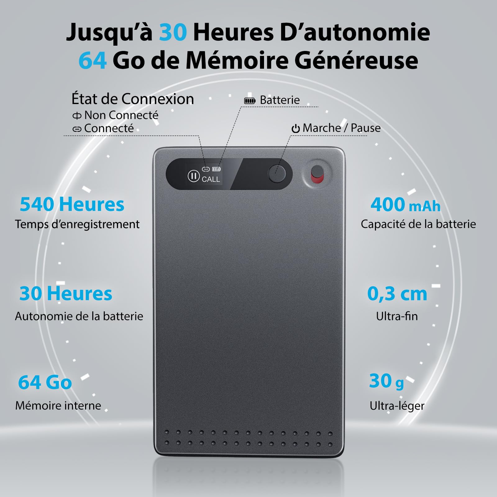Enregistreur Vocal IA, 64 Go, Contrôle Via App, Transcription et Résumé par IA, 118 Langues, Ultra Fin et Léger, Dictaphone Enregistreur Vocal pour Réunions, Réunions, Cours, Appels
