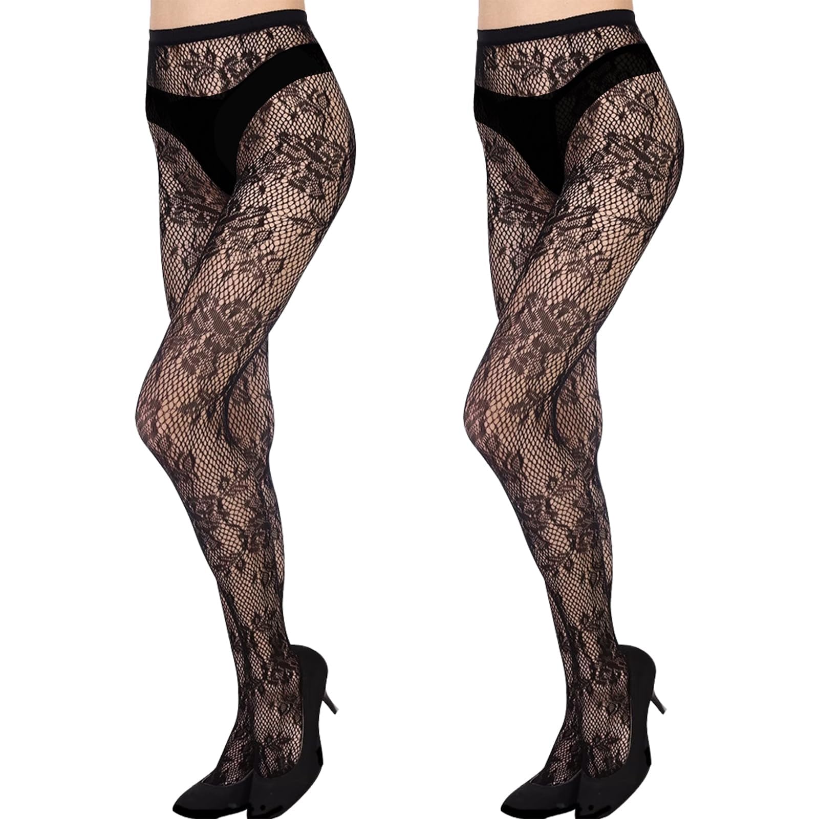 SIMYJOY Strumpfhosen Damen Muster 2 Paar Mode Netzstrumpfhose Schwarz mit Spitzen Gemusterte Strumpfhose Damen Spitzenstrumpfhose Muster (Netz & Spitze Design)