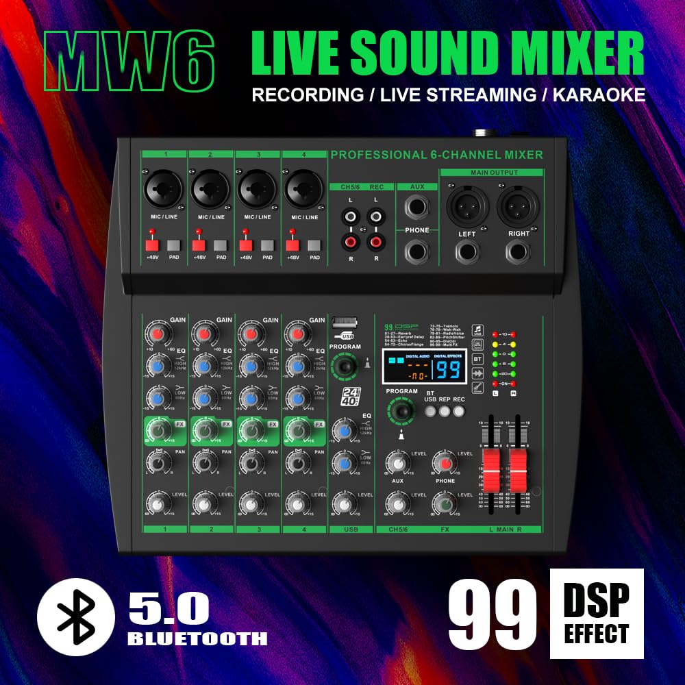 Nero MW-6 6 Canali Professional DJ Audio Mixer Controller Mixer Portatile con DSP 99 Preset Effetti per Live Streaming, Podcasting, Home Party