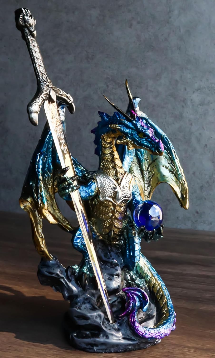Ebros Gift Legendary Pacific Blue Metallic Armored Knight Dragon Holding Blue Orb Sphere and Draconian Sword Letter Opener Figurine Home Office Decorative Sculpture Medieval Dungeons Dragons Fantasy