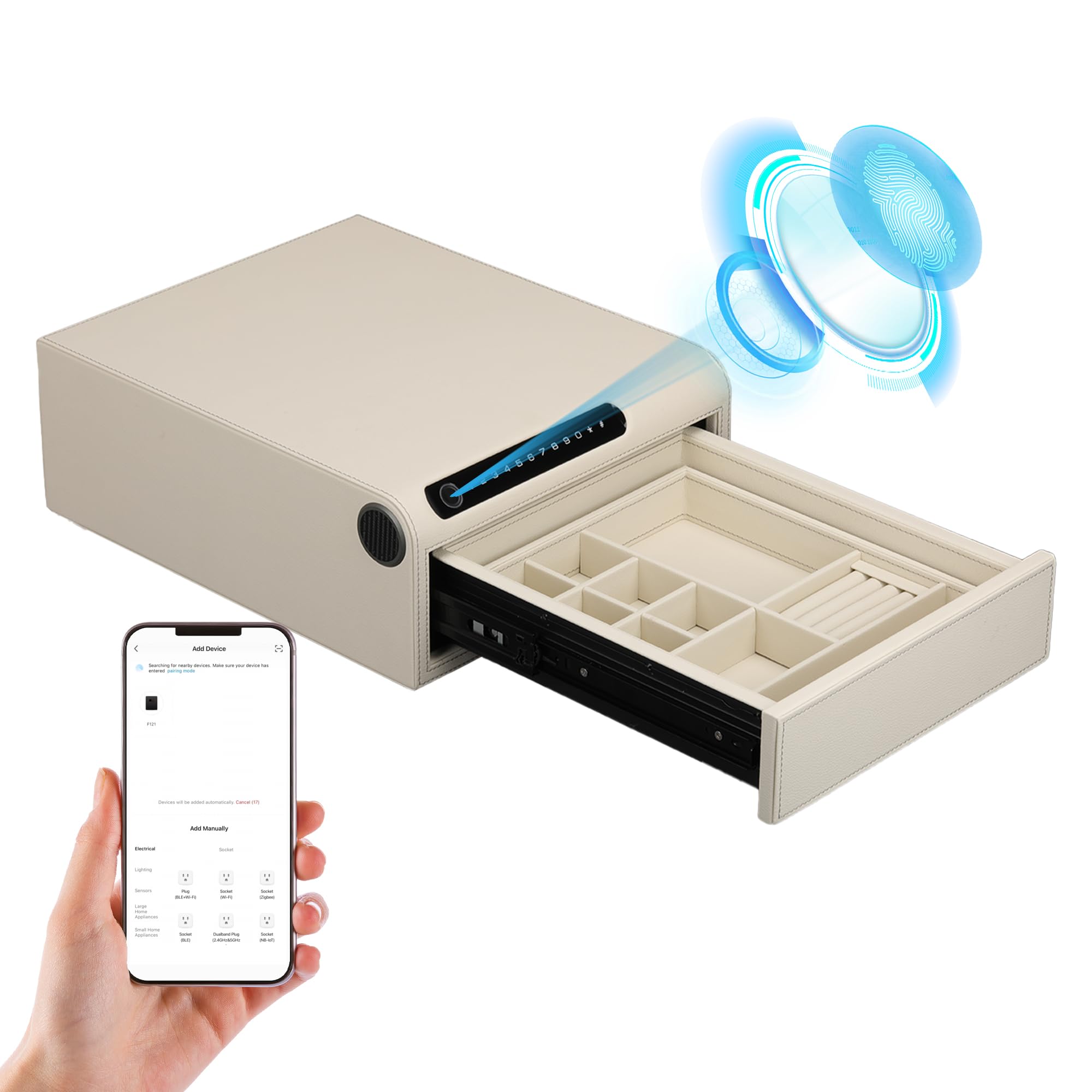 Photo 1 of VALINIRT Jewelry Safe with Drawers?Biometric Fingerprint safe, Slide-Away Handgun Safe for Pistols, Leather Wrapped Jewelry Storage Safe, Digital Keypad & Quick-Access Drawer (White- 1 Drawer)