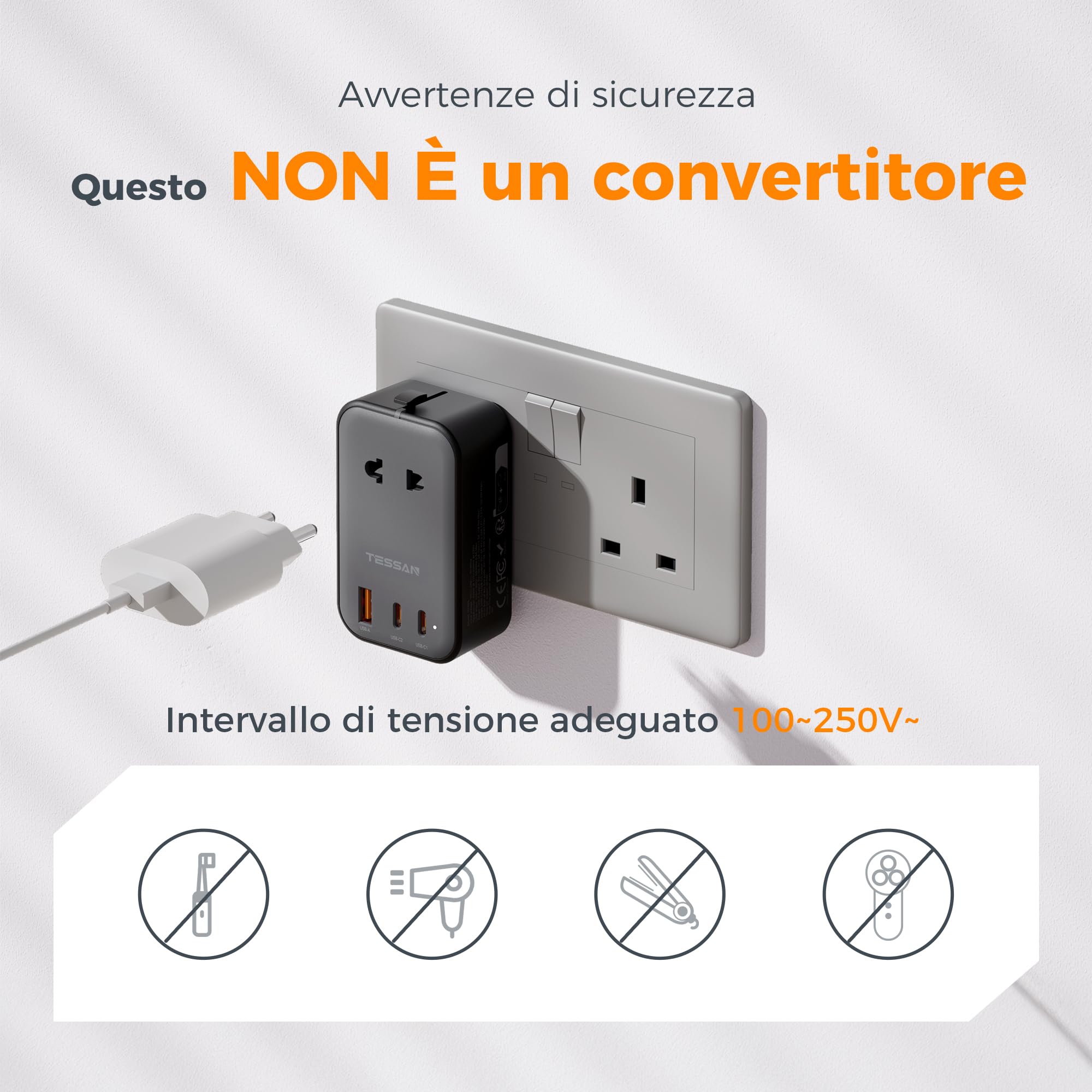 TESSAN Adattatore Universale da Viaggio con 2 USB C PD 20W e 1 USB A, Worldwide Travel Adapter per Presa Inglese Americana Australia Thailandia Giappone