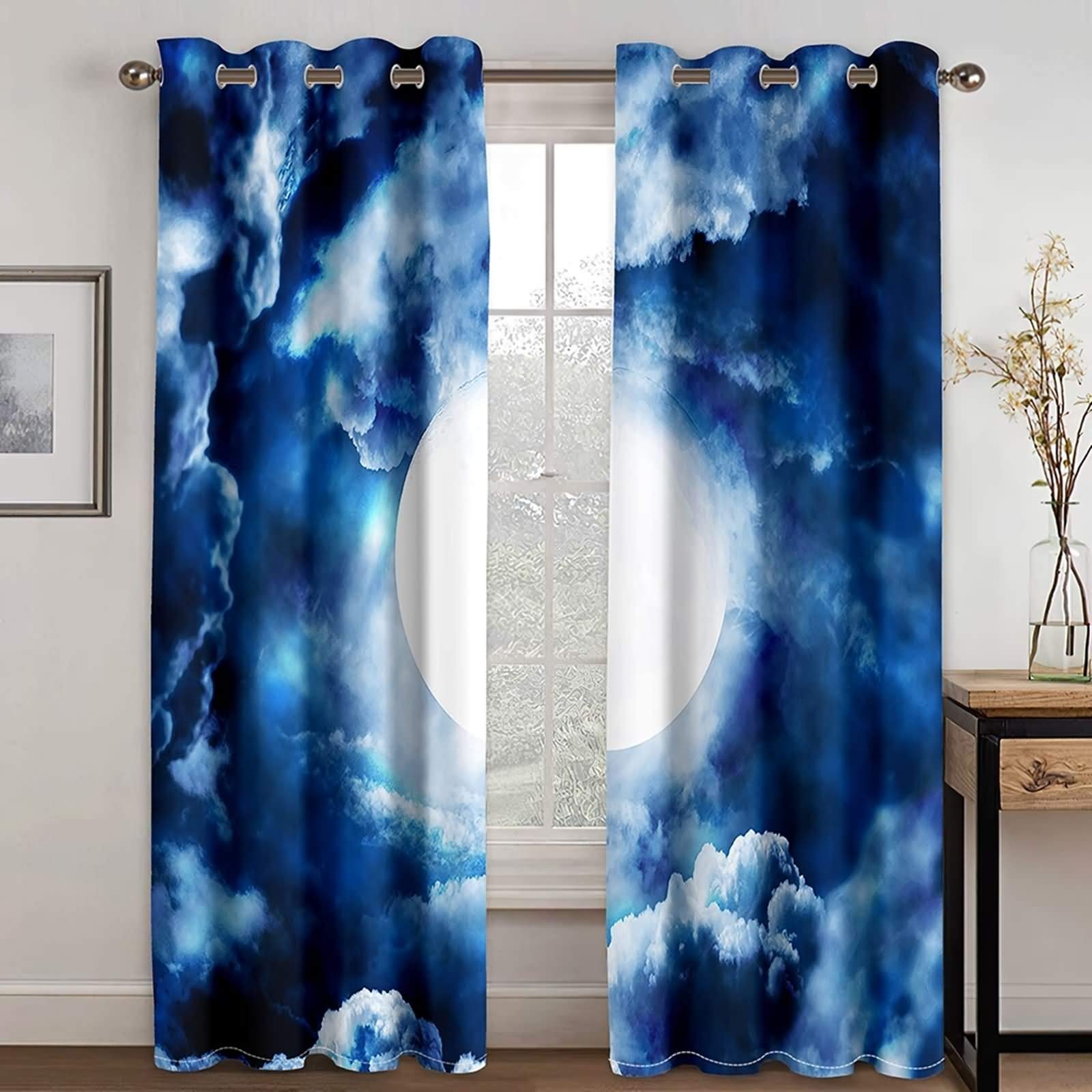 KnSam Rideau de Fenêtre Occultant à Oeillet Moderne pour Chambre Salon, 107x138CM x 2PCS, Rideau Imprimé Lune et Nuages Bleu Foncé Blanc