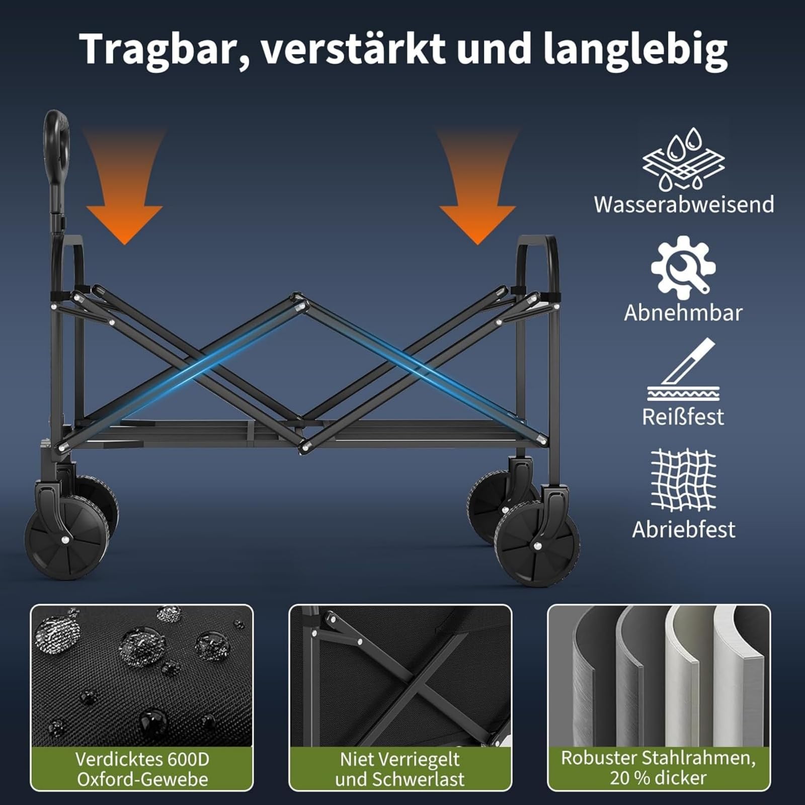 Carrello pieghevole per carichi pesanti, capacità 220 l, carico 172,4 kg, carrello pieghevole con ruote da 12,7 cm, carrello portatile da giardino, spiaggia, campeggio, shopping