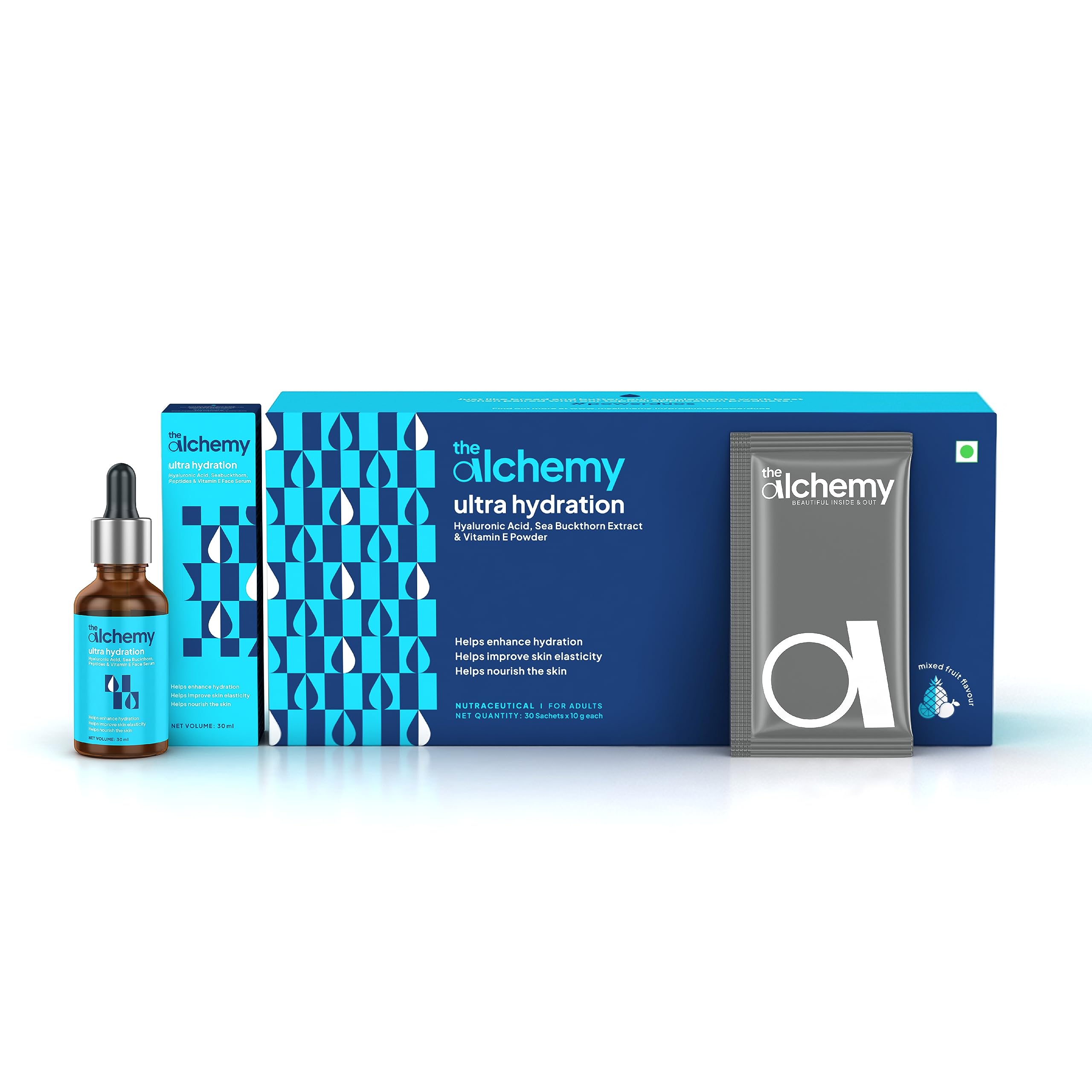 The Alchemy Ultra Hydration PowerDuo | 30 day Hydration Combo Pack of High Strength Hyaluronic Acid, Sea Buckthorn & Vitamin E Supplement and Serum | Enhances Hydration| Nourishes Skin | Women & Men