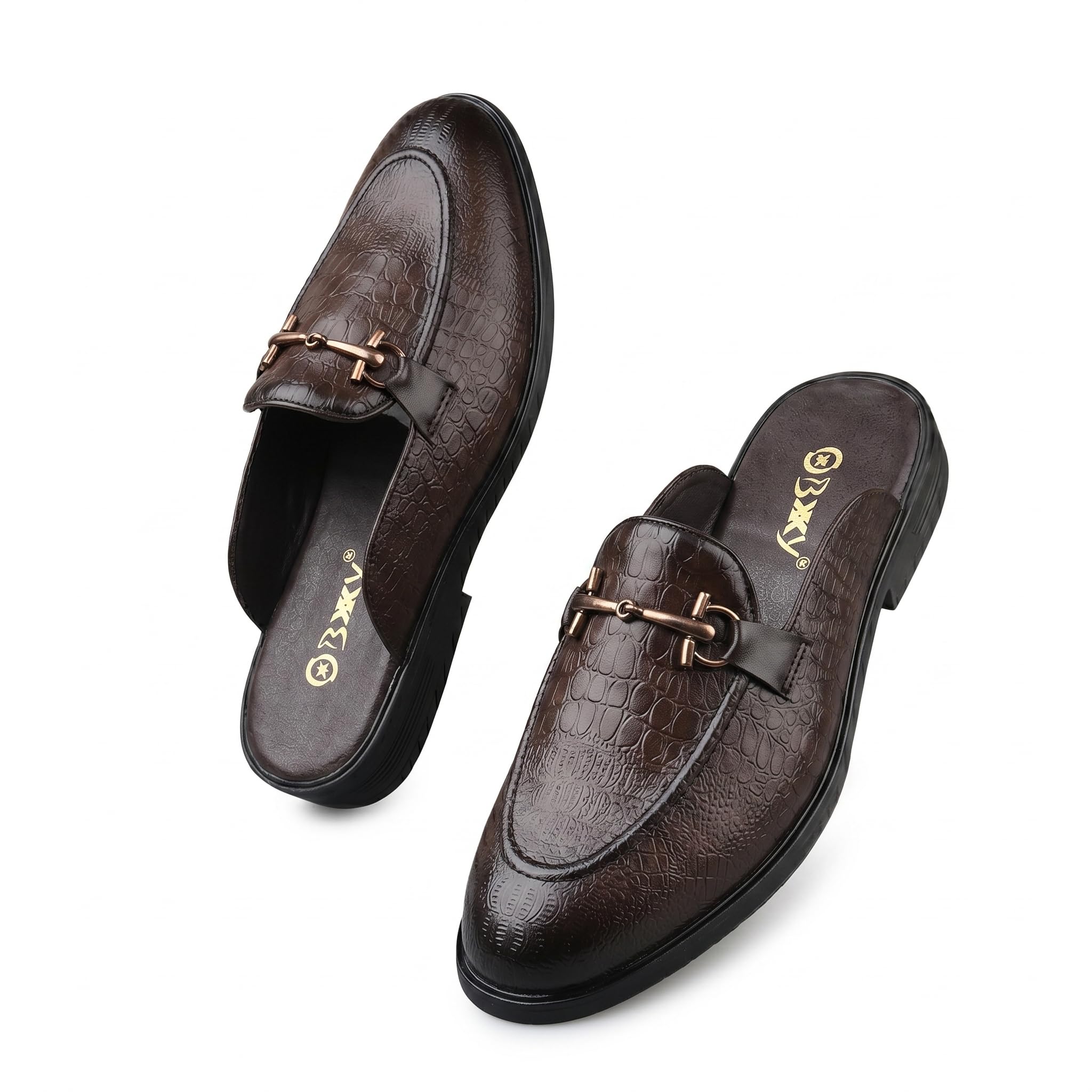Men's Crocodile Textured Faux Leather Slip On Mule Shoes with Classic Buckle Style and TPR Sole for Casual Formal Wears.-image-22