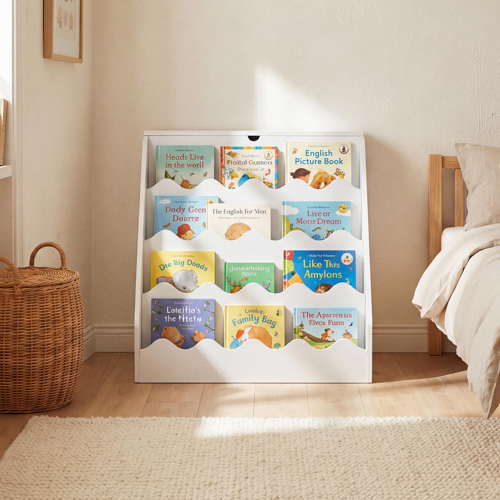 COSTWAY Librería Infantil de 4 Niveles, Organizador de Juguetes con Estantes Abiertos, Cajón Rodante Extraíble, Caja con Tapa Abatible, Estantería Madera para Niños Sala de Juegos Guardería (Blanco)