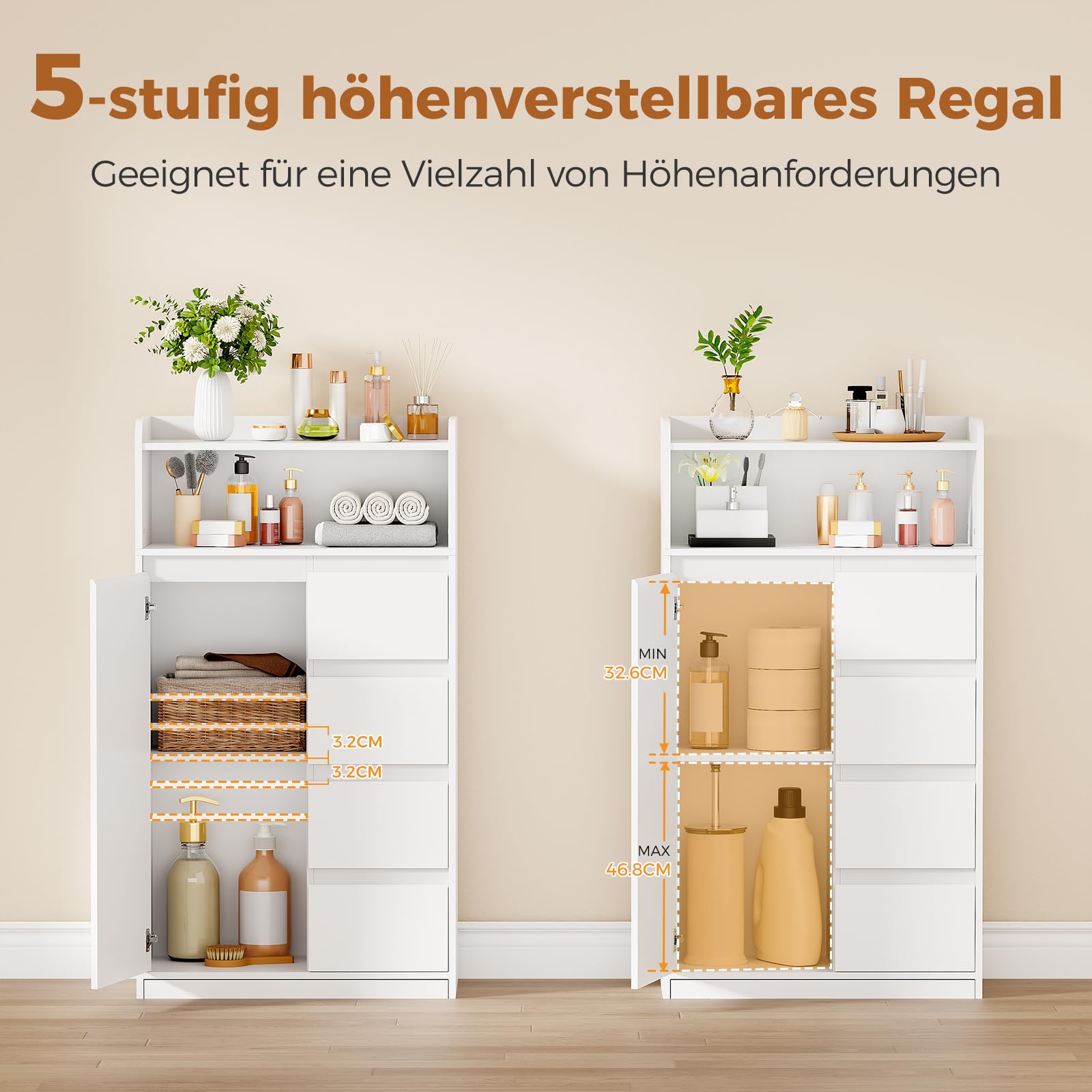 ANWBROAD Badezimmerschrank, Badschrank mit 4 Schubladen, 1 Schranktür, 5-lagige Verstellbarer Ablage, Badezimmer Kommode für Badezimmer, Wohnzimmer, Küche,110 × 60 × 30 cm, Weiß, SBC014W