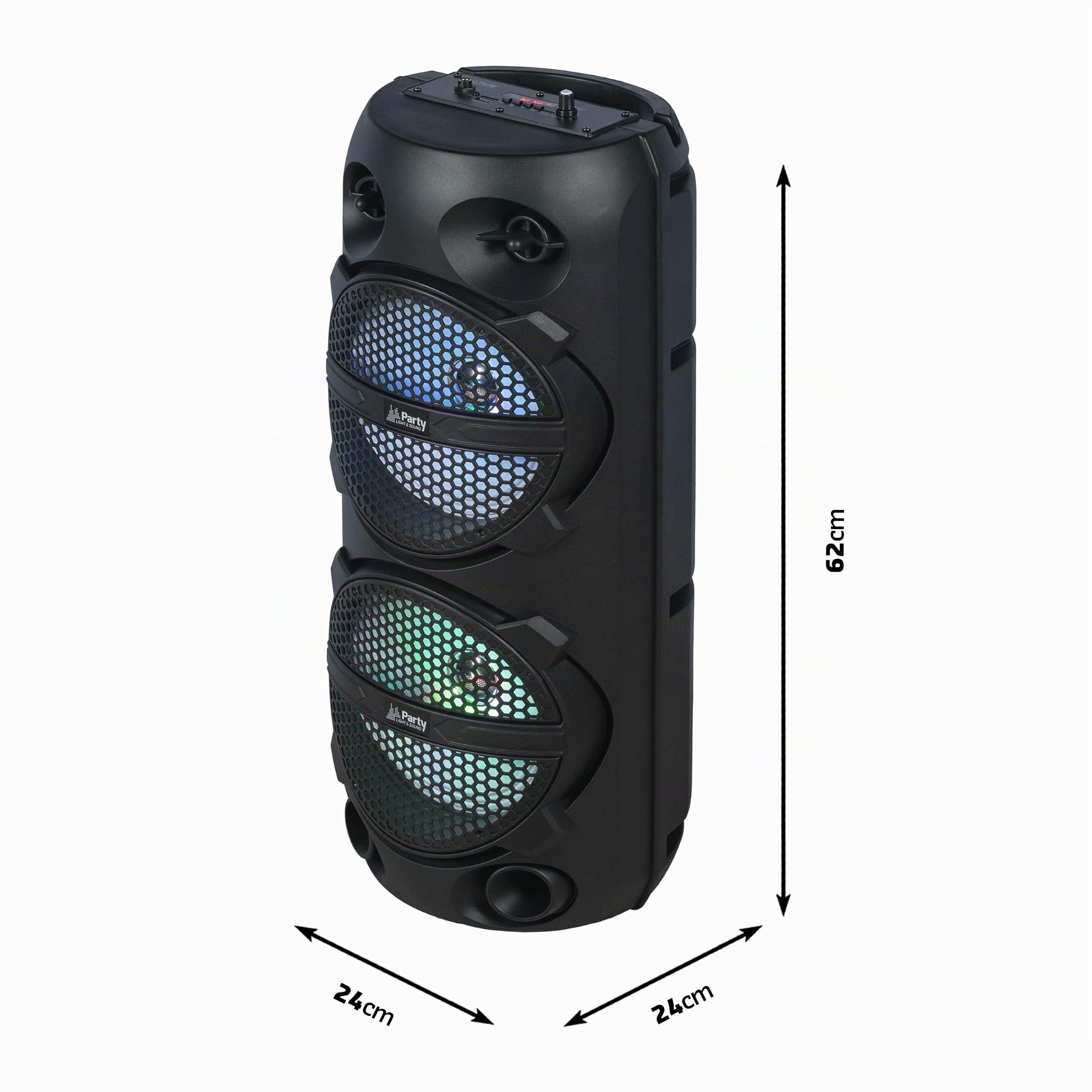 Party Light & Sound - Pluton - Enceinte, Baffle de 2 x 8”/20cm de 300W sur Batterie Rechargeable - Effet Lumineux - 1 Micro Filaire et 1 télécommande - Bluetooth, USB, Micro SD et TWS - Noir